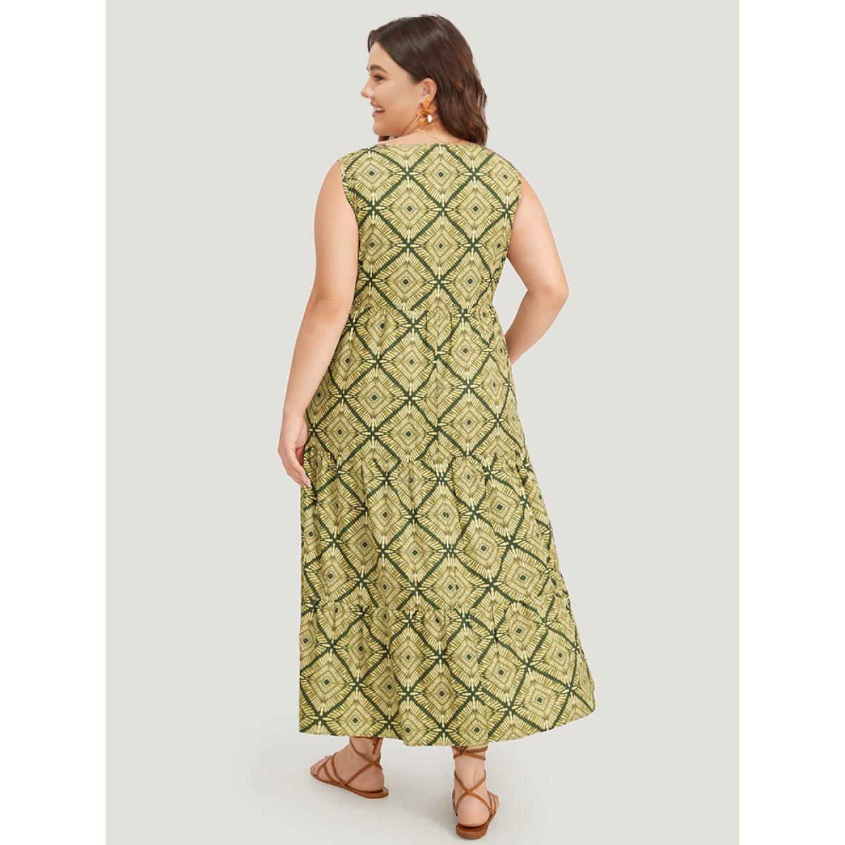 Plus Size Geometric Print Pocket Tank V Neck Dress Moss Women Vacation Printed V-neck Sleeveless Curvy Midi Dress BloomChic 14-16/1X Product Image