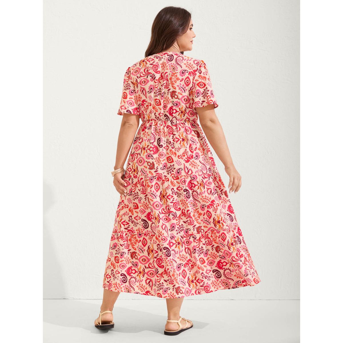 Plus Size Sweet Florals Notched Collar Midi Dress OrangeRed Women Boho Gathered Flat collar Short sleeve Curvy BloomChic 10/M Product Image