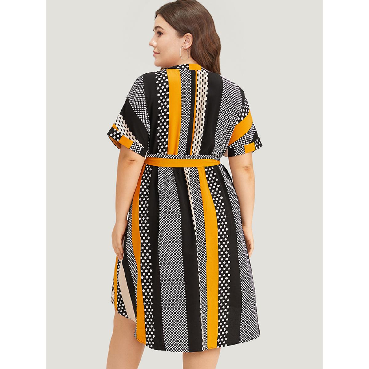 Plus Size Polka Dot Patchwork Striped Belted Notched Dress Orange Women Office Contrast Notched collar Short sleeve Curvy Midi Dress BloomChic 18-20/2X Product Image