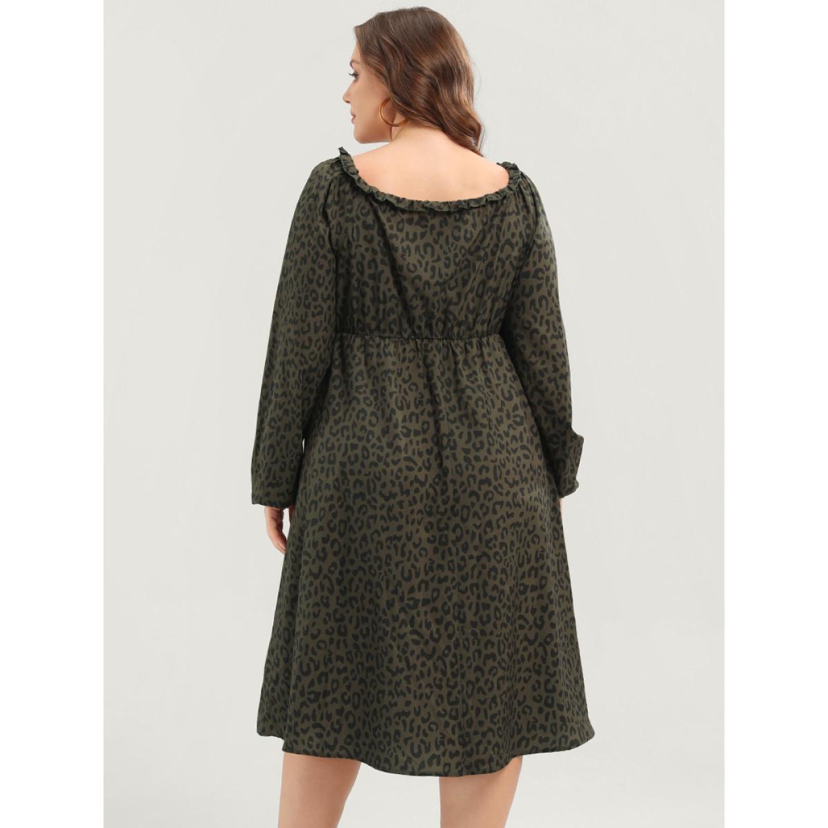 Plus Size Leopard Print Square Neck Pocket Puff Sleeve Midi Dress ArmyGreen Women Elegant Square Neck Long Sleeve Curvy Midi Dress BloomChic 18-20/2X Product Image