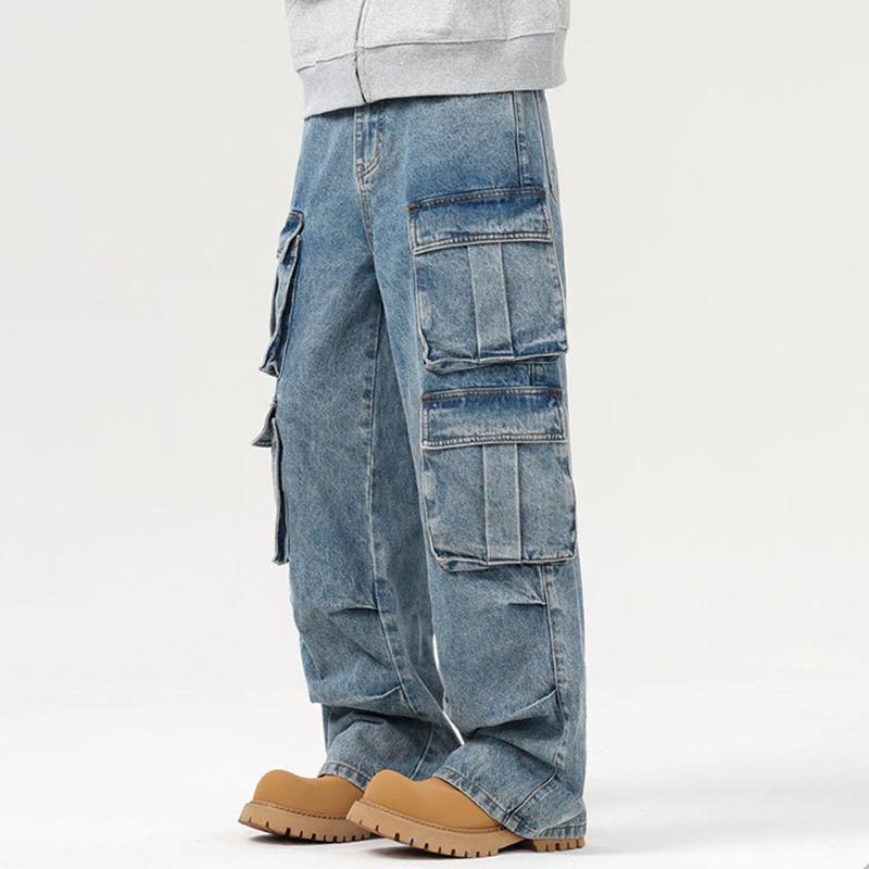 Unisex Men's Street Straight Leg Washed Multi-Pocket Work Jeans Product Image