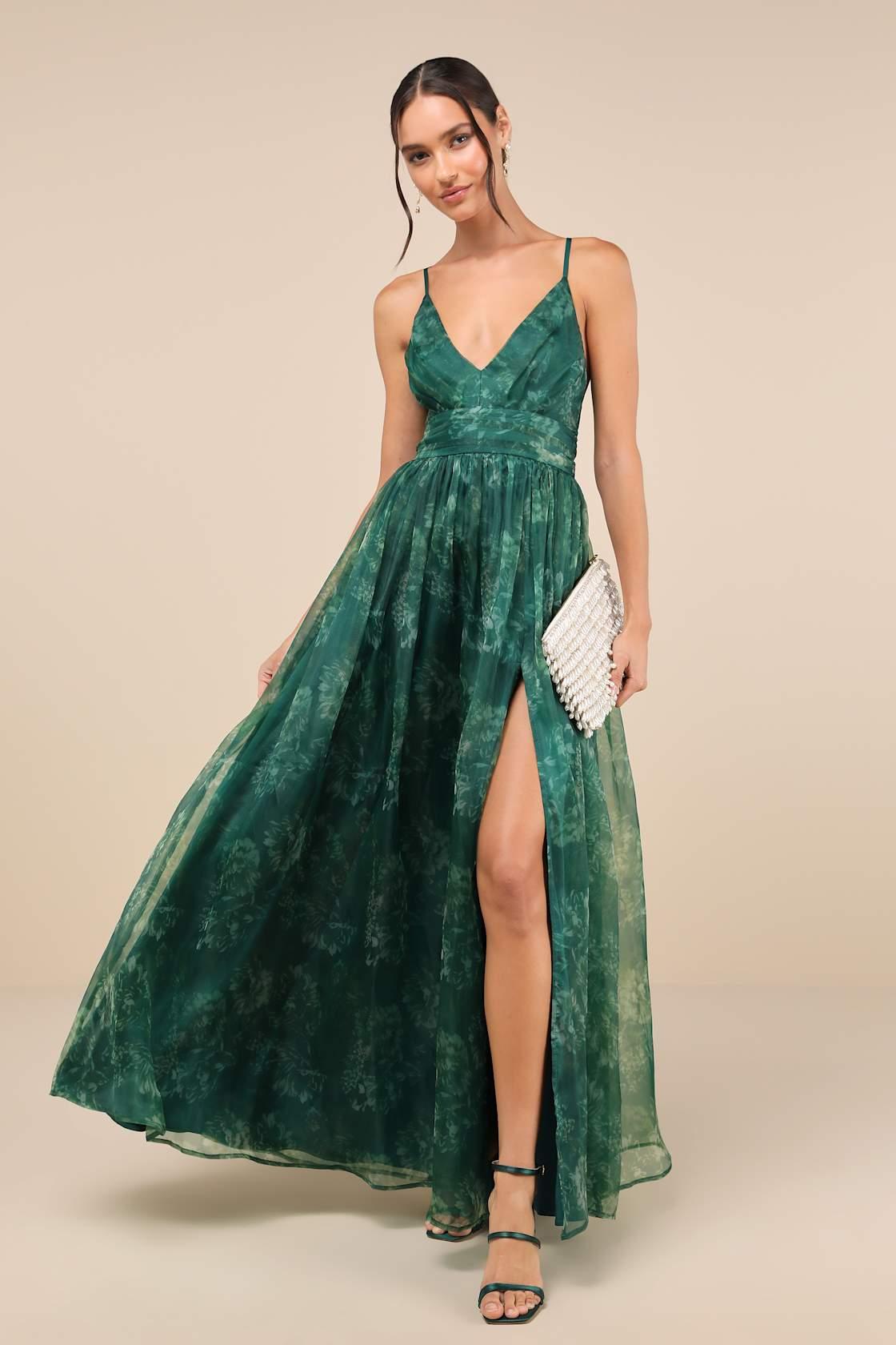 Romance That Wows Green Floral Print Organza Maxi Dress Product Image