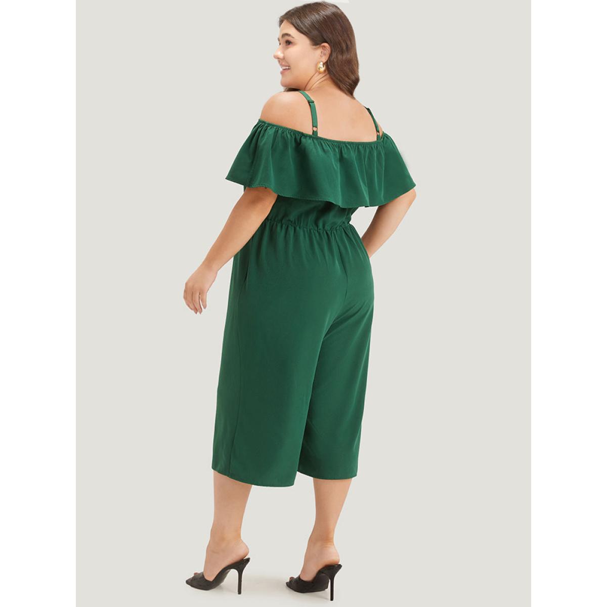 Plus Size Green Off Shoulder Ruffles Pocket Elastic Waist Cami Jumpsuit Women Elegant Half Sleeve One-shoulder neck Dailywear Loose Jumpsuits BloomChic 18-20/2X Product Image