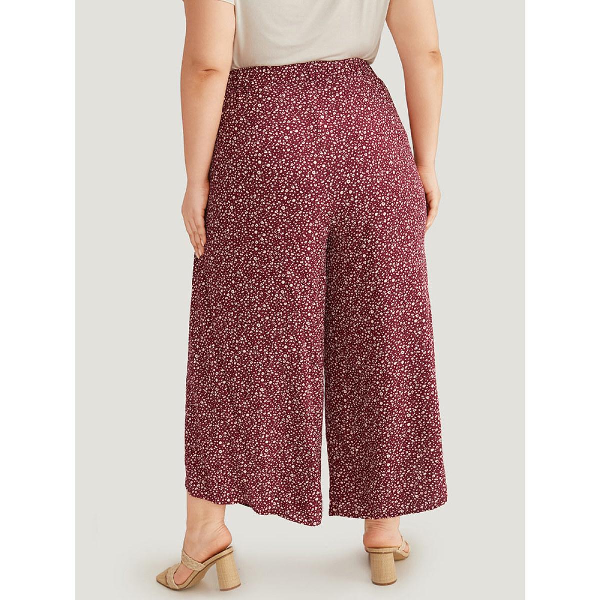 Plus Size Leopard Print Ties Wrap Hem Wide Leg Pants Women Burgundy Vacation Wide Leg High Rise Dailywear Pants BloomChic 28/5X Product Image