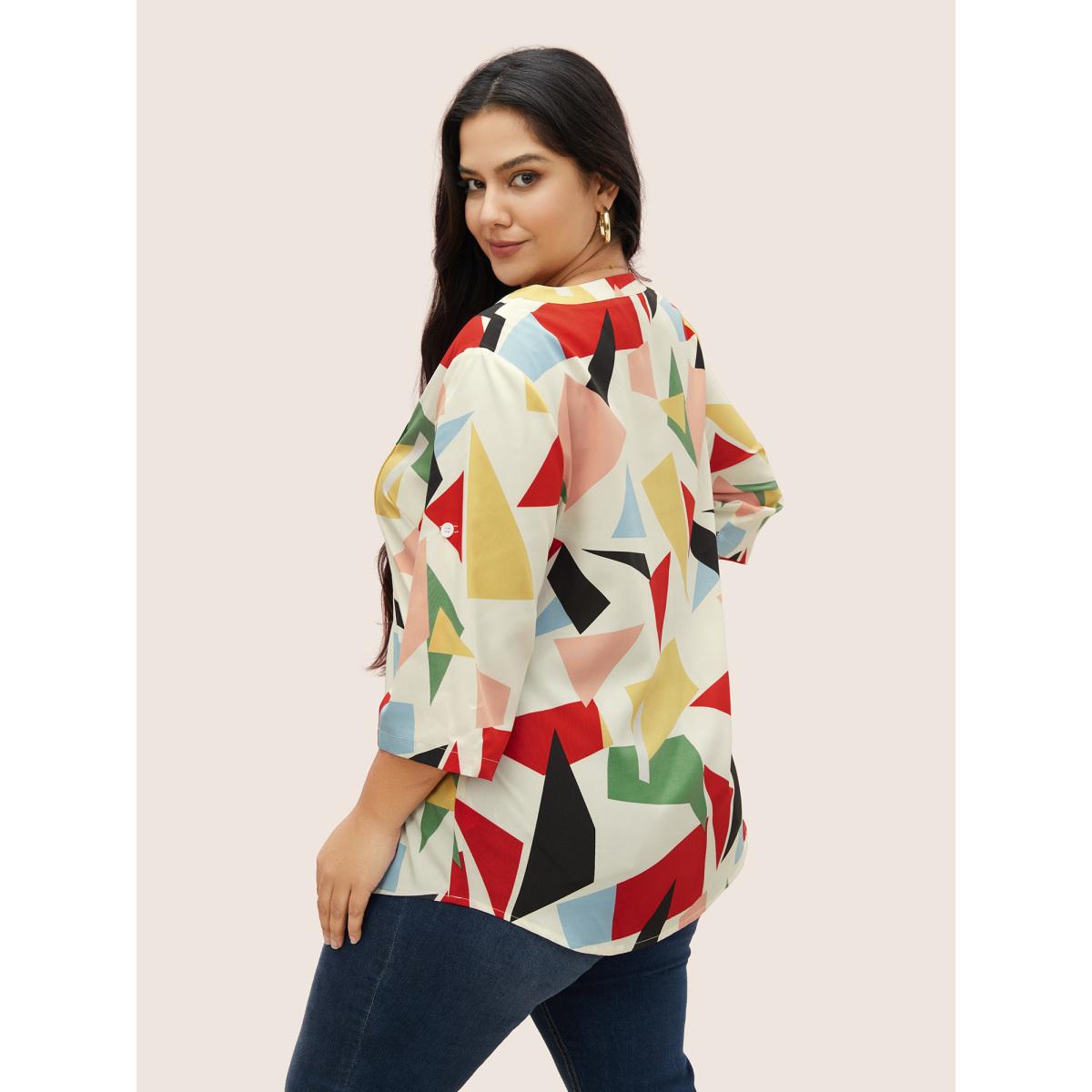 Plus Size Ivory Geometric Notched Pleated Tab Sleeve Blouse Women At the Office Elbow-length sleeve Flat collar Work Blouses BloomChic 22-24/3X Product Image