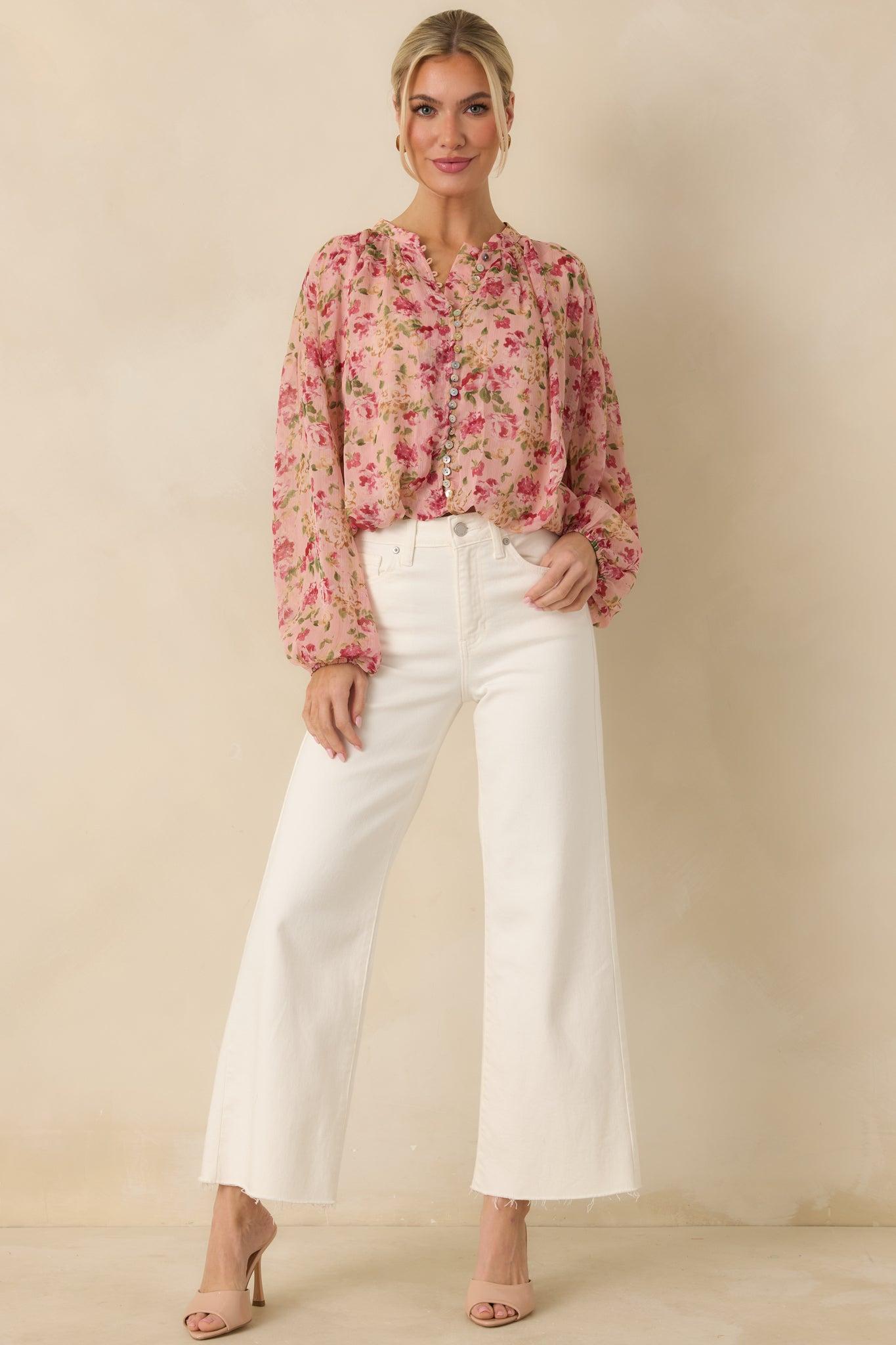 Where Roses Drift Blush Pink Multi Floral Sheer Blouse L / Blush Product Image