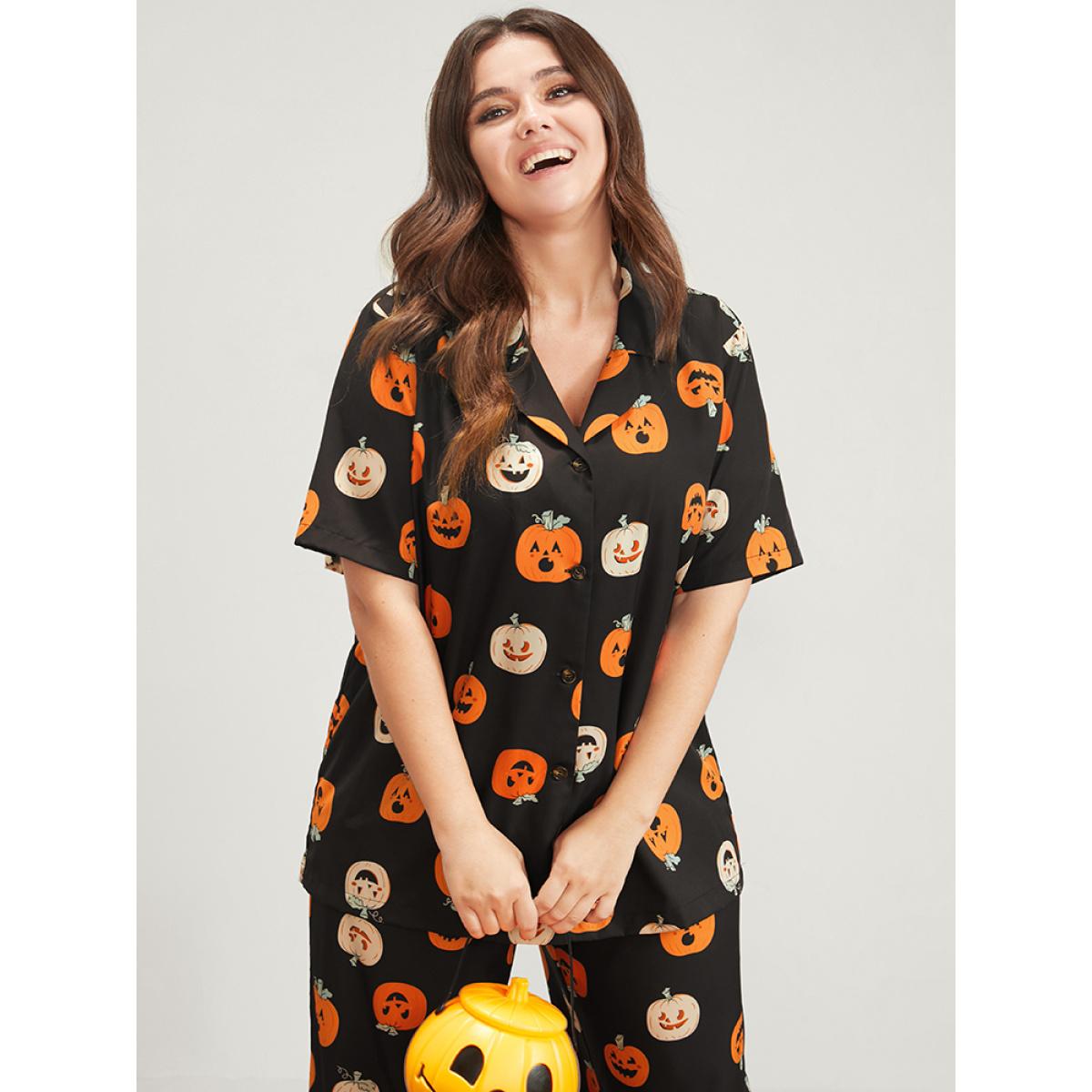 Plus Size Halloween Pumpkin Print Lapel Collar Button Pajama Set Women Black Graphic-Halloween Printed Short sleeve Lapel Collar Casual Loungewear Sets BloomChic 28/5X Product Image