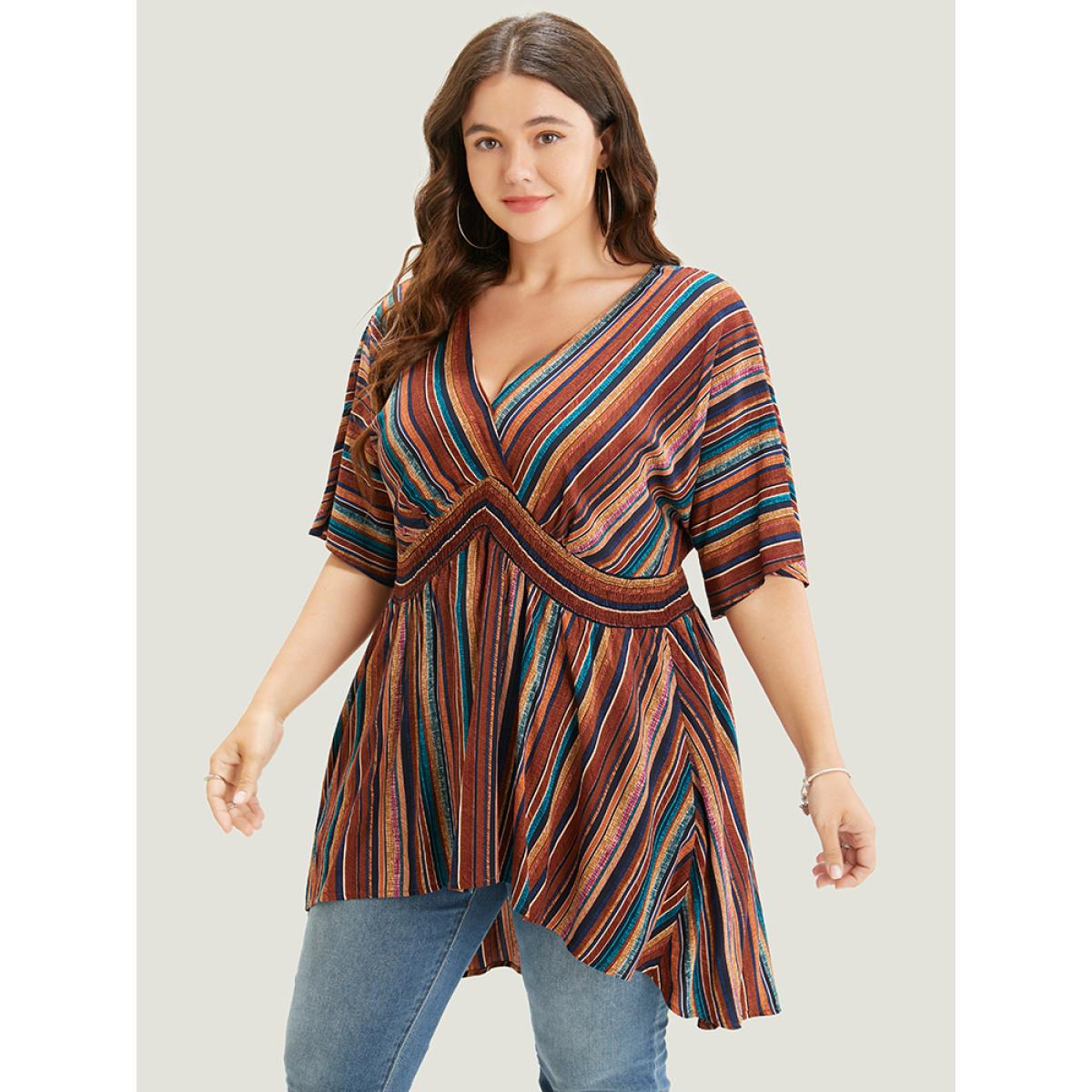 Plus Size DarkBrown Striped Contrast Shirred Wrap High Low Hem Pocket Blouse Women Vacation Short sleeve V-neck Vacation Blouses BloomChic 30/6X Product Image