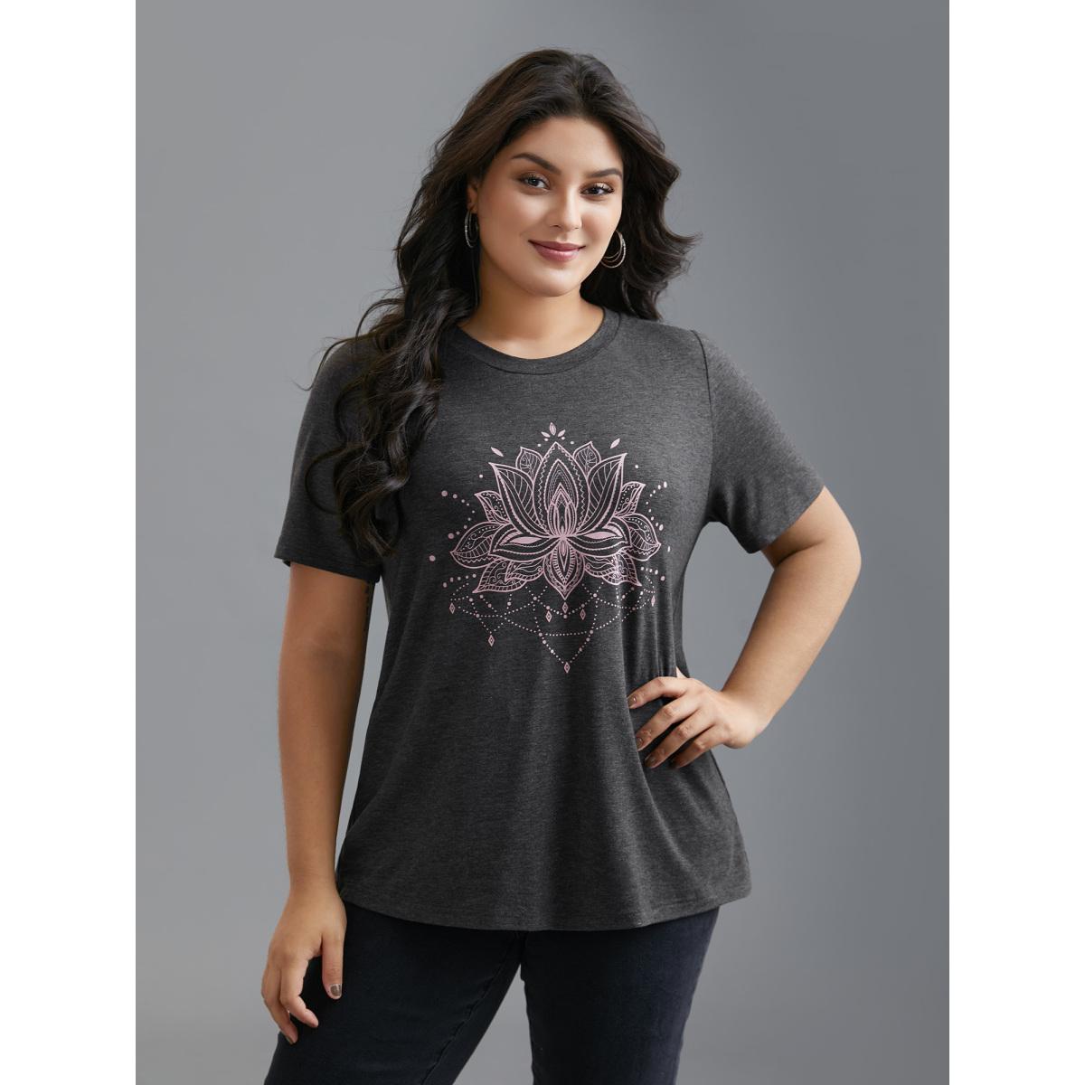Plus Size Floral Printed Round Neck Stretchy T-shirt DimGray Women Casual Non Natural Flowers Round Neck Everyday T-shirts BloomChic 12/L Product Image