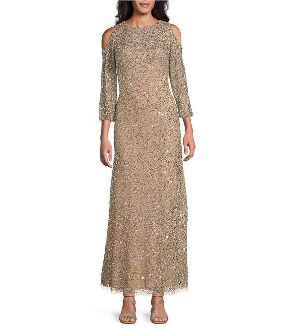 Pisarro Nights Sequin Mesh Crew Neck 3/4 Sleeves Cold Shoulder A-Line Dress Product Image