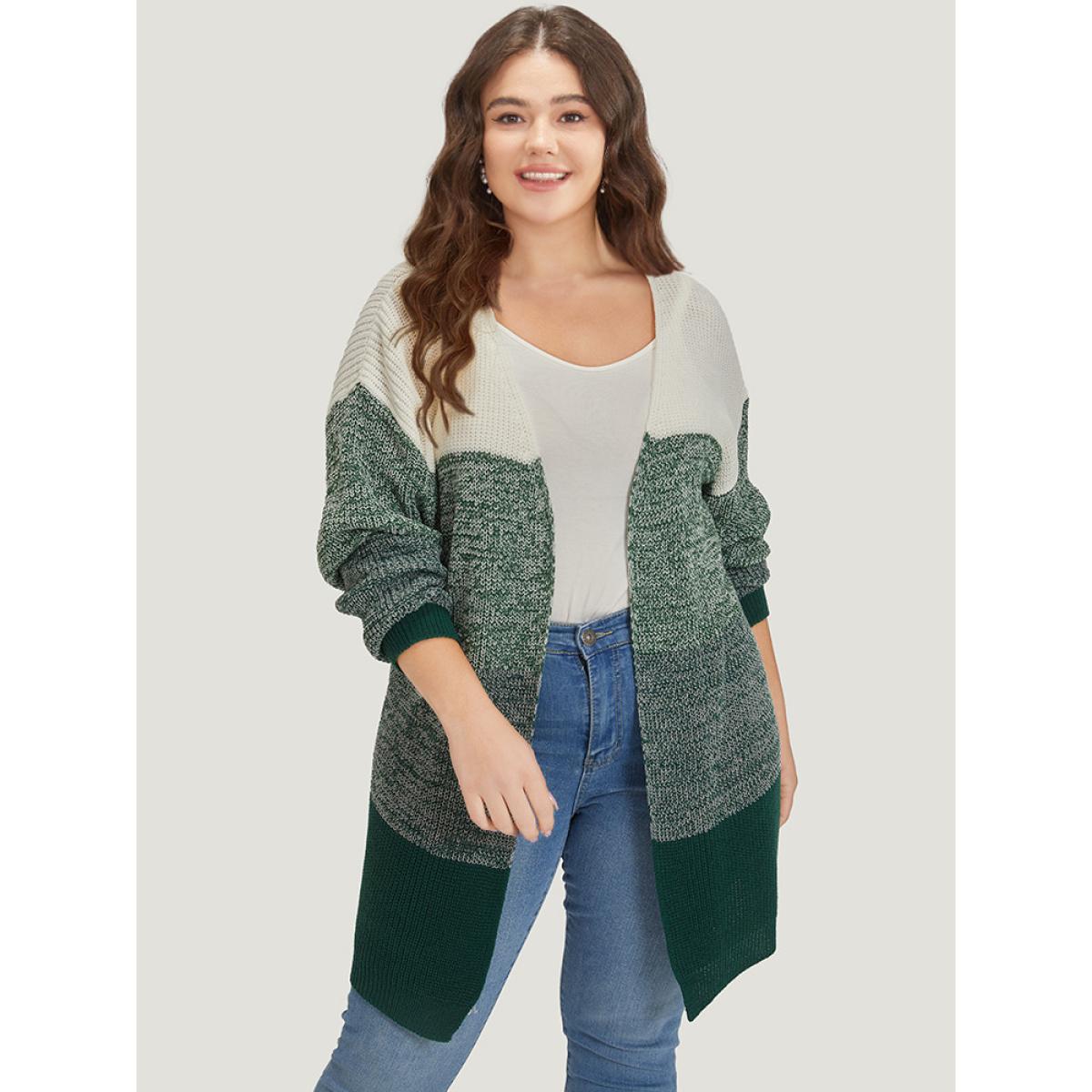 Plus Size Colorblock Drop Shoulder Patchwork Cardigan Green Women Casual Loose Long Sleeve Dailywear Cardigans BloomChic 12/L Product Image