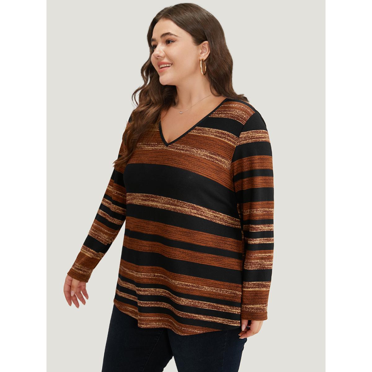 Plus Size Striped Contrast V Neck T-shirt Multicolor Women Casual Printed Striped V-neck Dailywear T-shirts BloomChic 22-24/3X Product Image