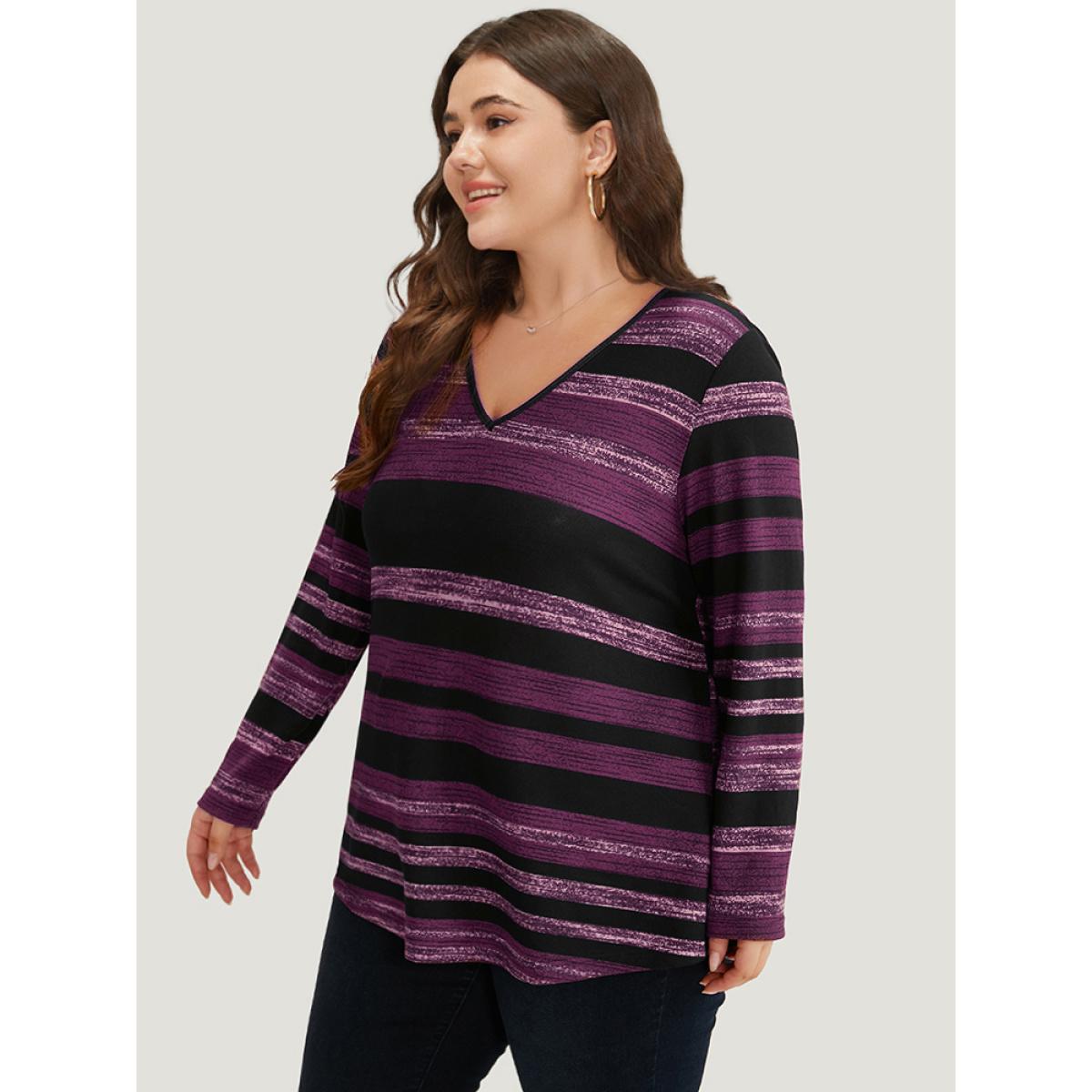 Plus Size Striped Contrast V Neck T-shirt Purple Women Casual Printed Striped V-neck Dailywear T-shirts BloomChic 12/L Product Image