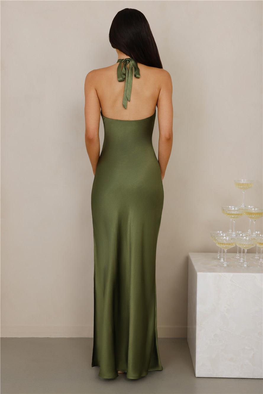 The Delilah Satin Halter Maxi Dress Olive Product Image