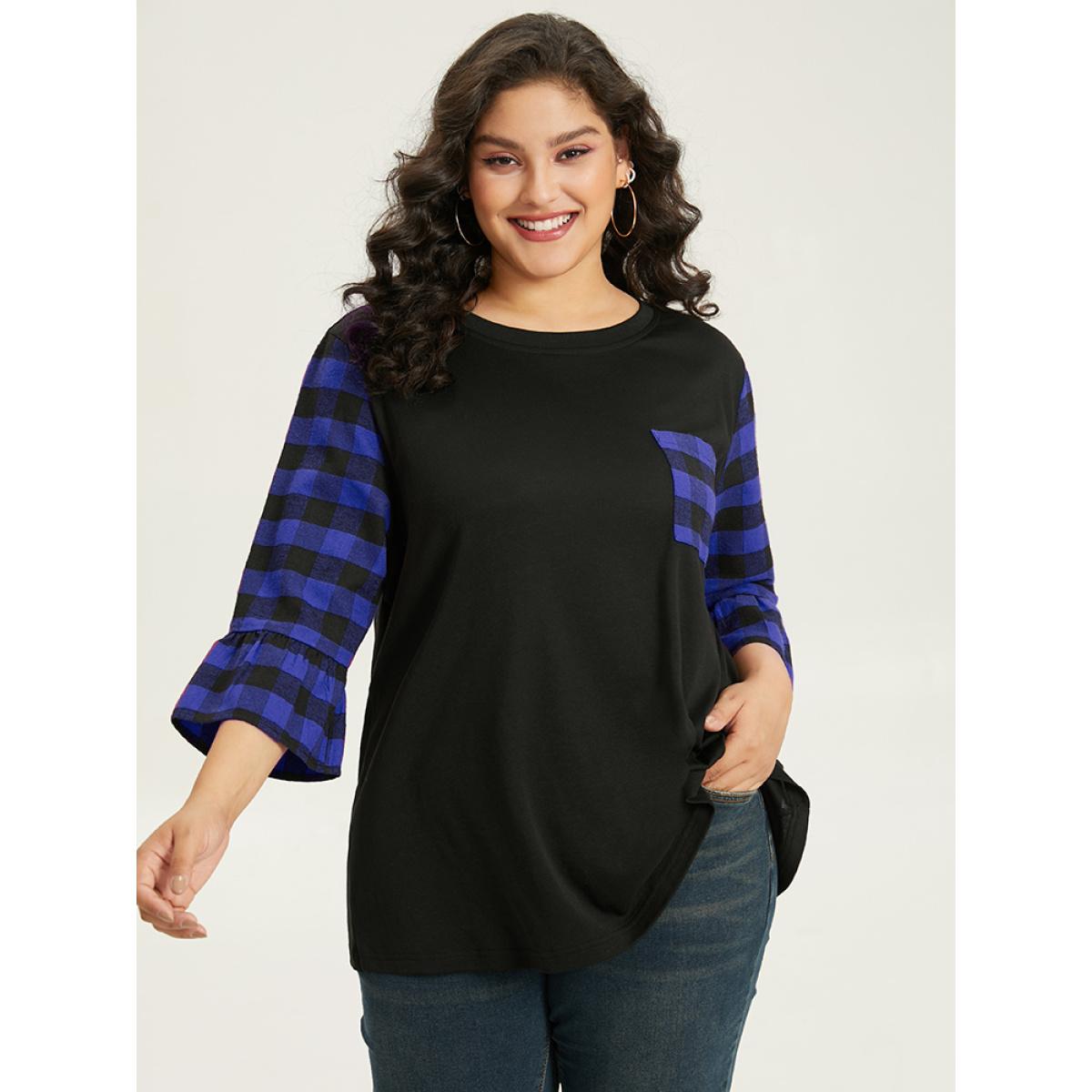 Plus Size Plaid Patched Pocket Patchwork Contrast Bell Sleeve T-shirt Blue Women Casual Contrast Plaid Round Neck Dailywear T-shirts BloomChic 12/L Product Image