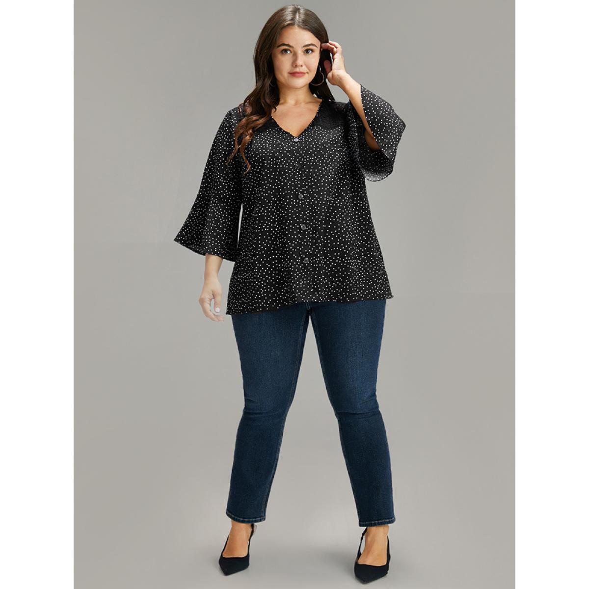 Plus Size Black Polka Dot Crochet Lace Button Detail Blouse Women Elegant Elbow-length sleeve V-neck Dailywear Blouses BloomChic 14-16/1X Product Image