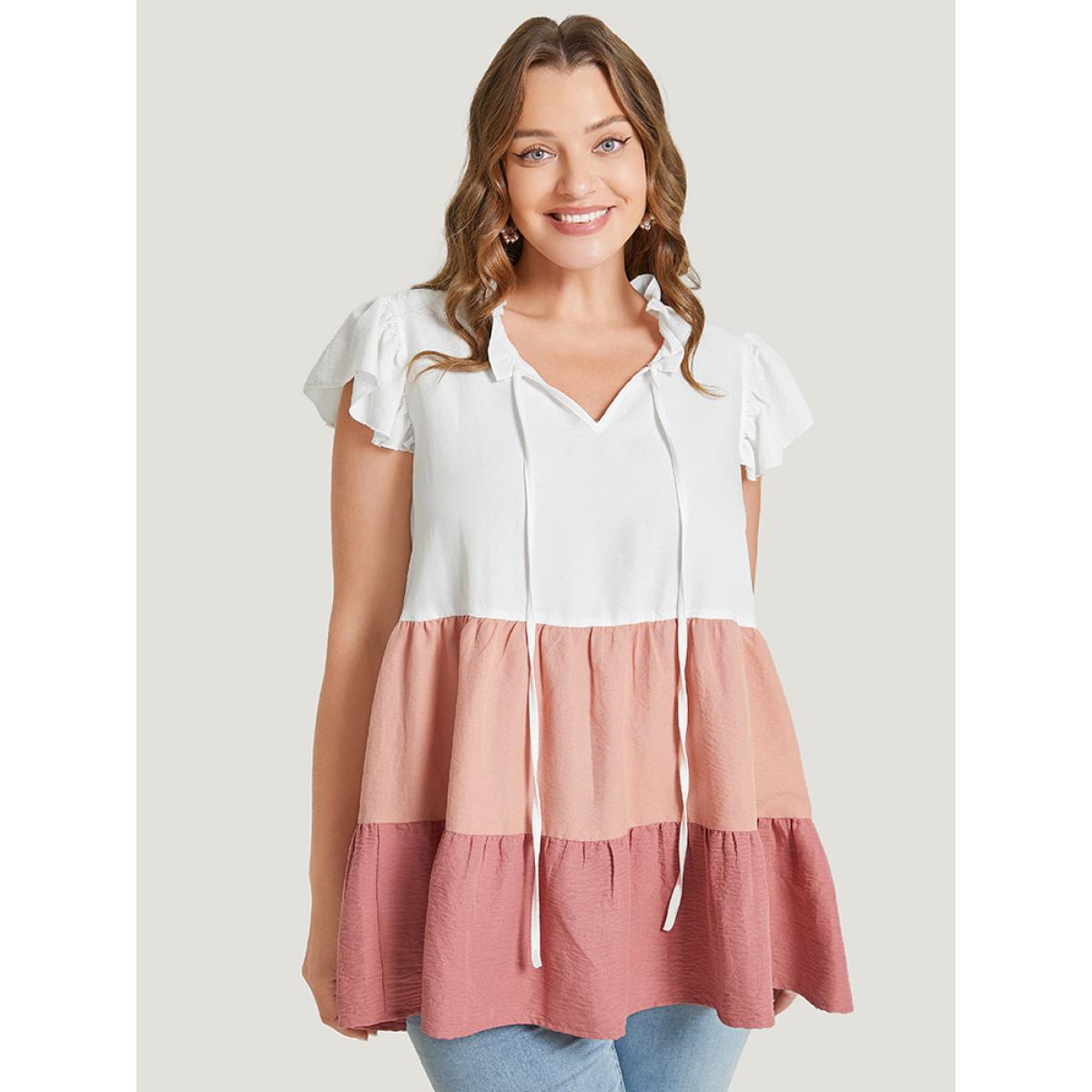 Plus Size Multicolor Colorblock Contrast Cap Sleeve Tie Neck Ruffle Tiered Blouse Women Elegant Cap Sleeve Tie Neck Dailywear Blouses BloomChic 30/6X Product Image