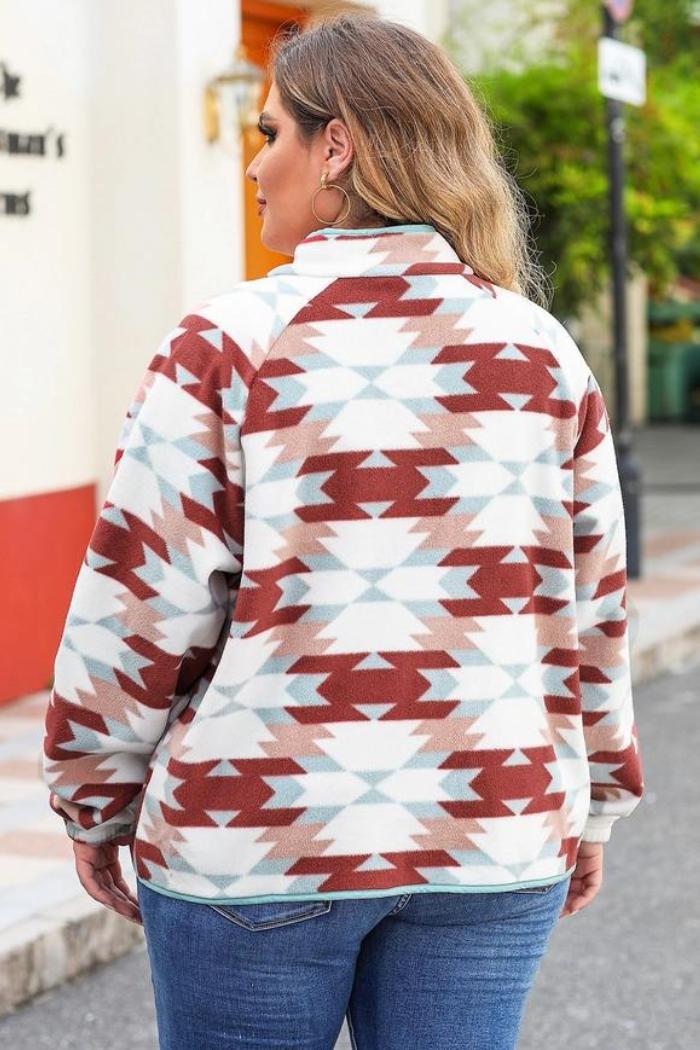 Plus Size Geometric Western Pattern Fleece Jacket Product Image