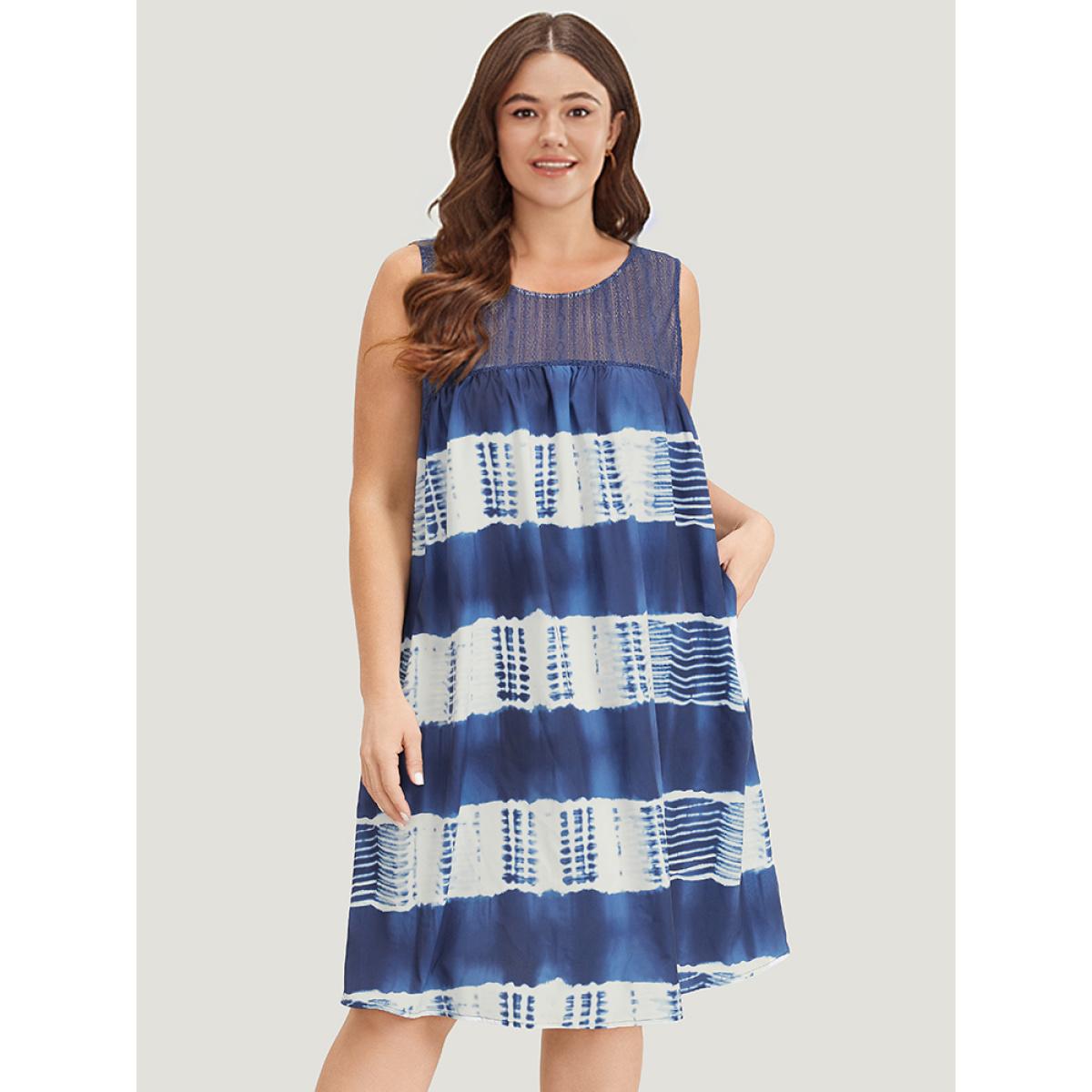 Plus Size Tie Dye Mesh Patchwork Ruffle Hem Tank Dress Indigo Women Vacation Gathered Round Neck Sleeveless Curvy Knee Dress BloomChic 14-16/1X Product Image