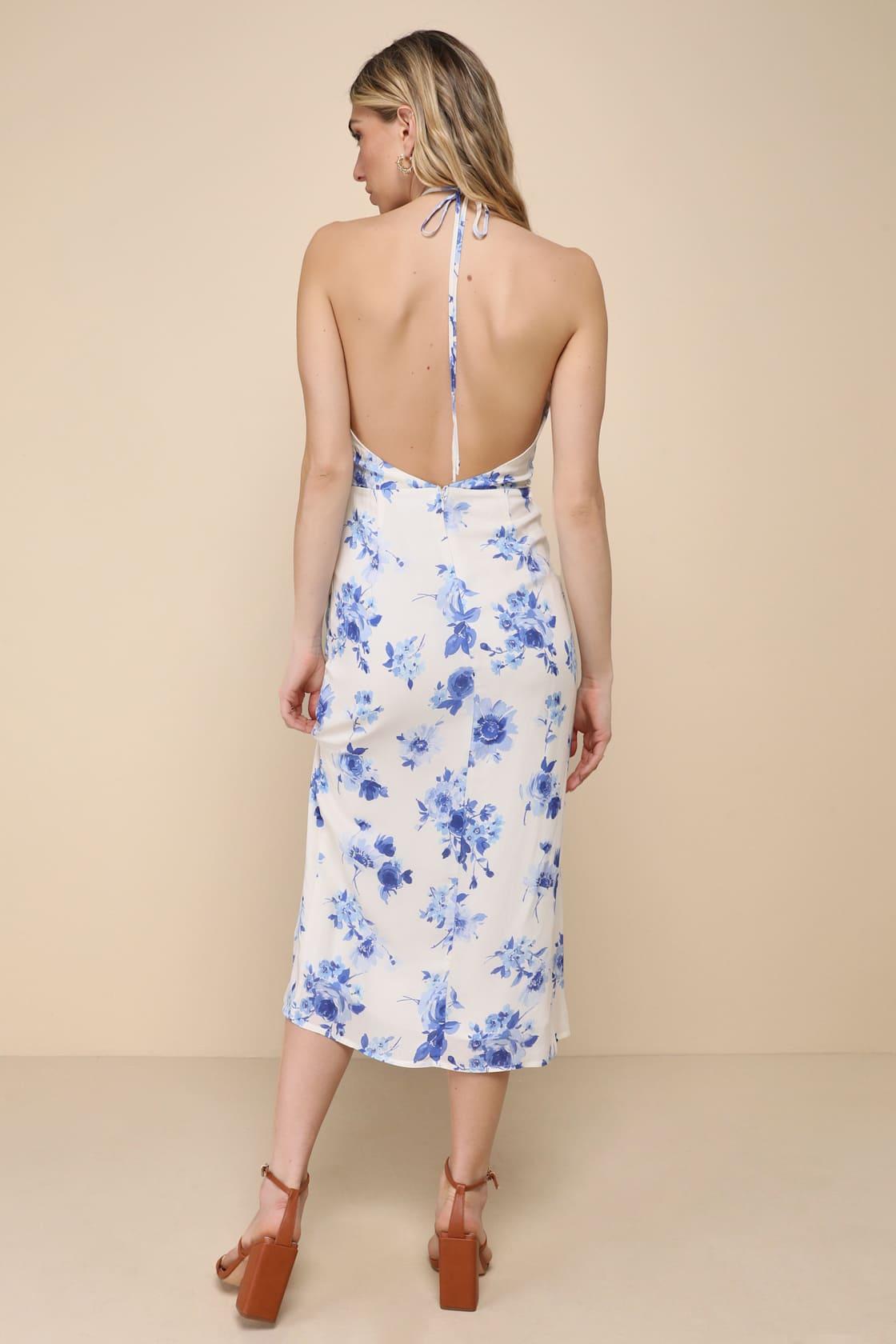 Blooming Favorite White and Blue Floral Tulip Halter Midi Dress Product Image