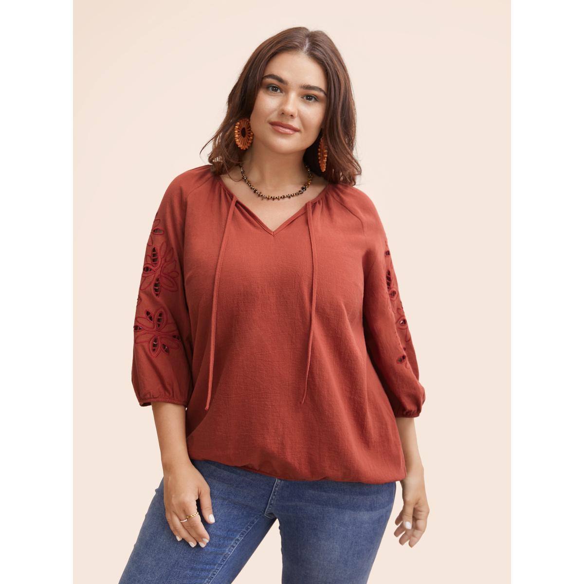 Plus Size Rust Broderie Anglaise Gathered Tie Knot Blouse Women Resort Elbow-length sleeve Round Neck Vacation Blouses BloomChic 28/5X Product Image
