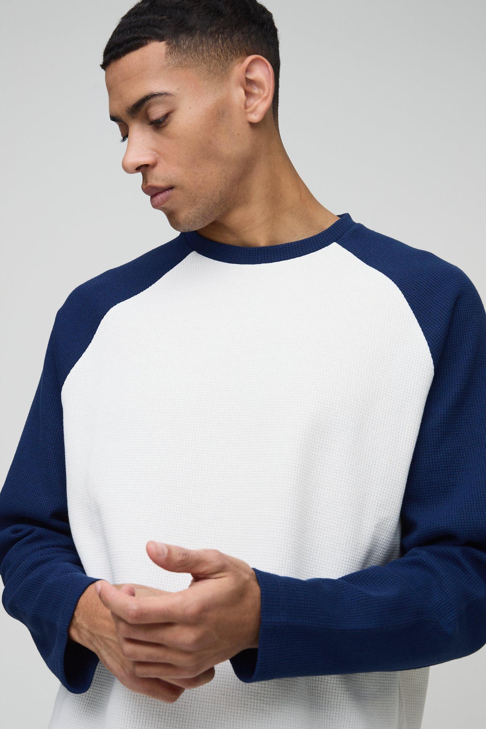 Oversized Boxy Heavyweight Waffle Raglan Long Sleeve T-shirt | boohooMAN USA Product Image