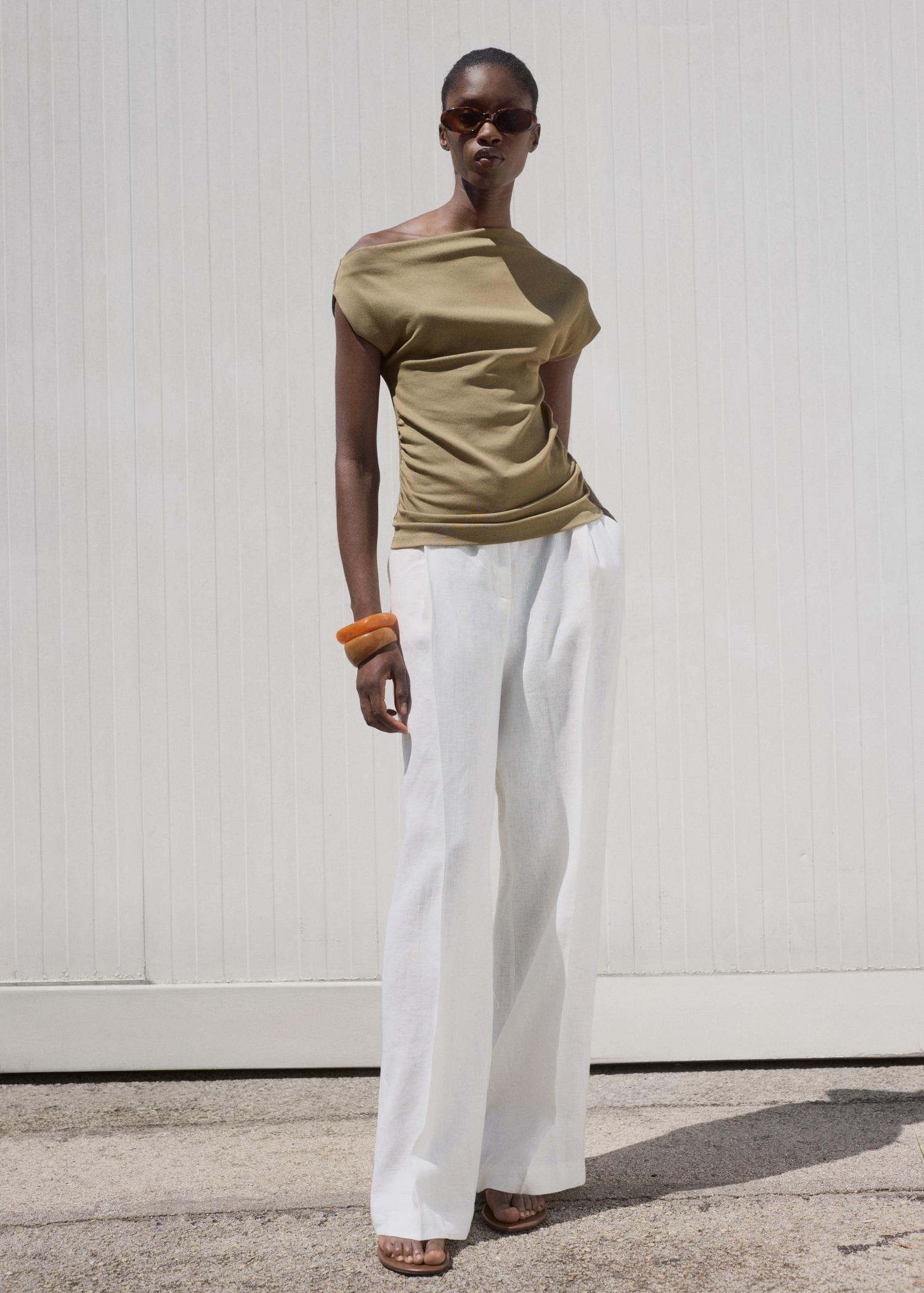 Cotton top with asymmetrical neck - Women | MANGO USA Product Image