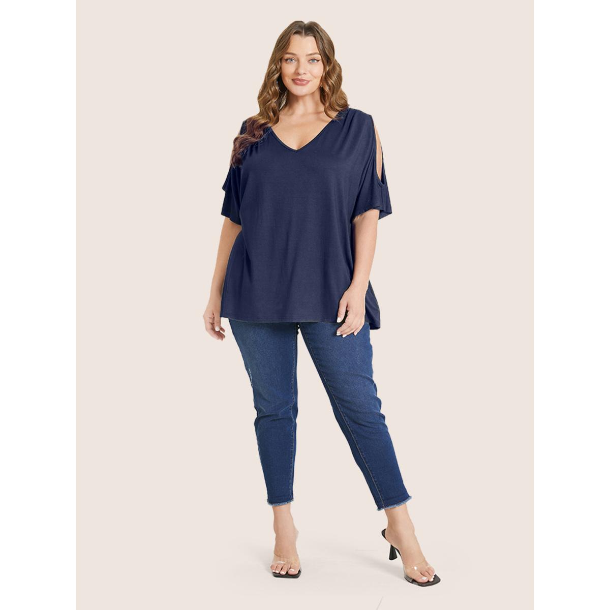 Plus Size Plain Cut Out V Neck T-shirt DarkBlue Women Elegant Cut-Out Plain V-neck Everyday T-shirts BloomChic 14-16/1X Product Image