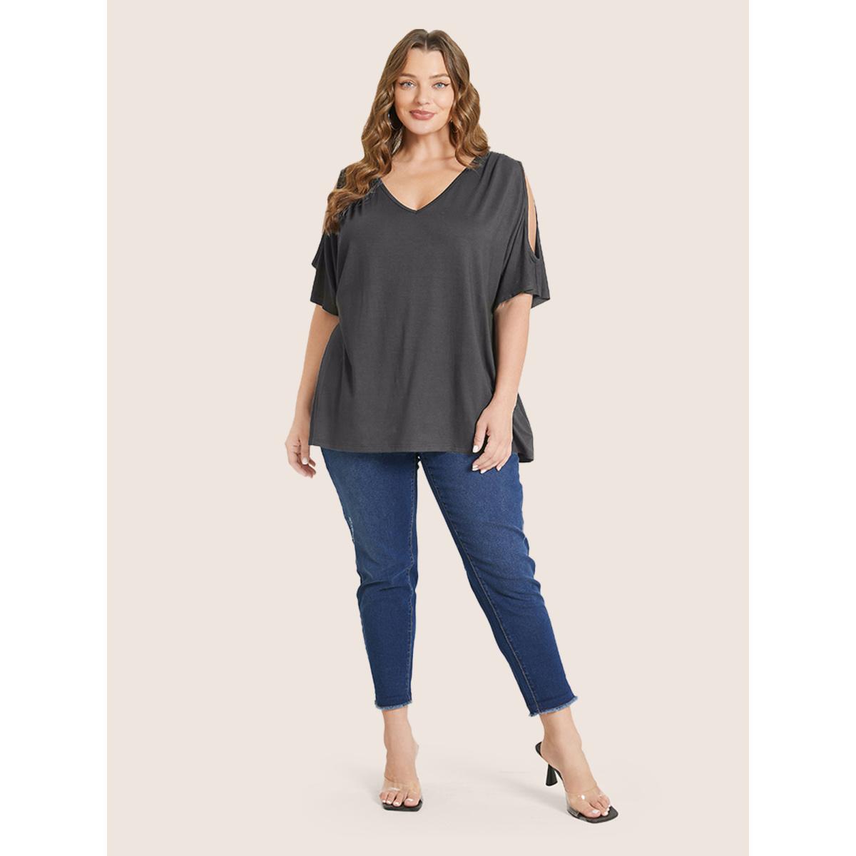 Plus Size Plain Cut Out V Neck T-shirt DarkBlue Women Elegant Cut-Out Plain V-neck Everyday T-shirts BloomChic 14-16/1X Product Image