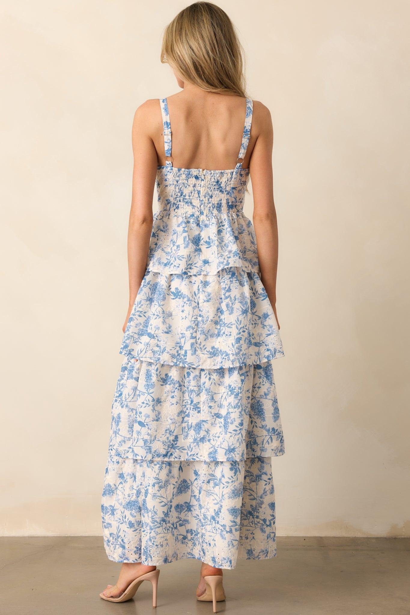 Happy To Be Here Blue Floral Embroidered Eyelet Maxi Dress Product Image