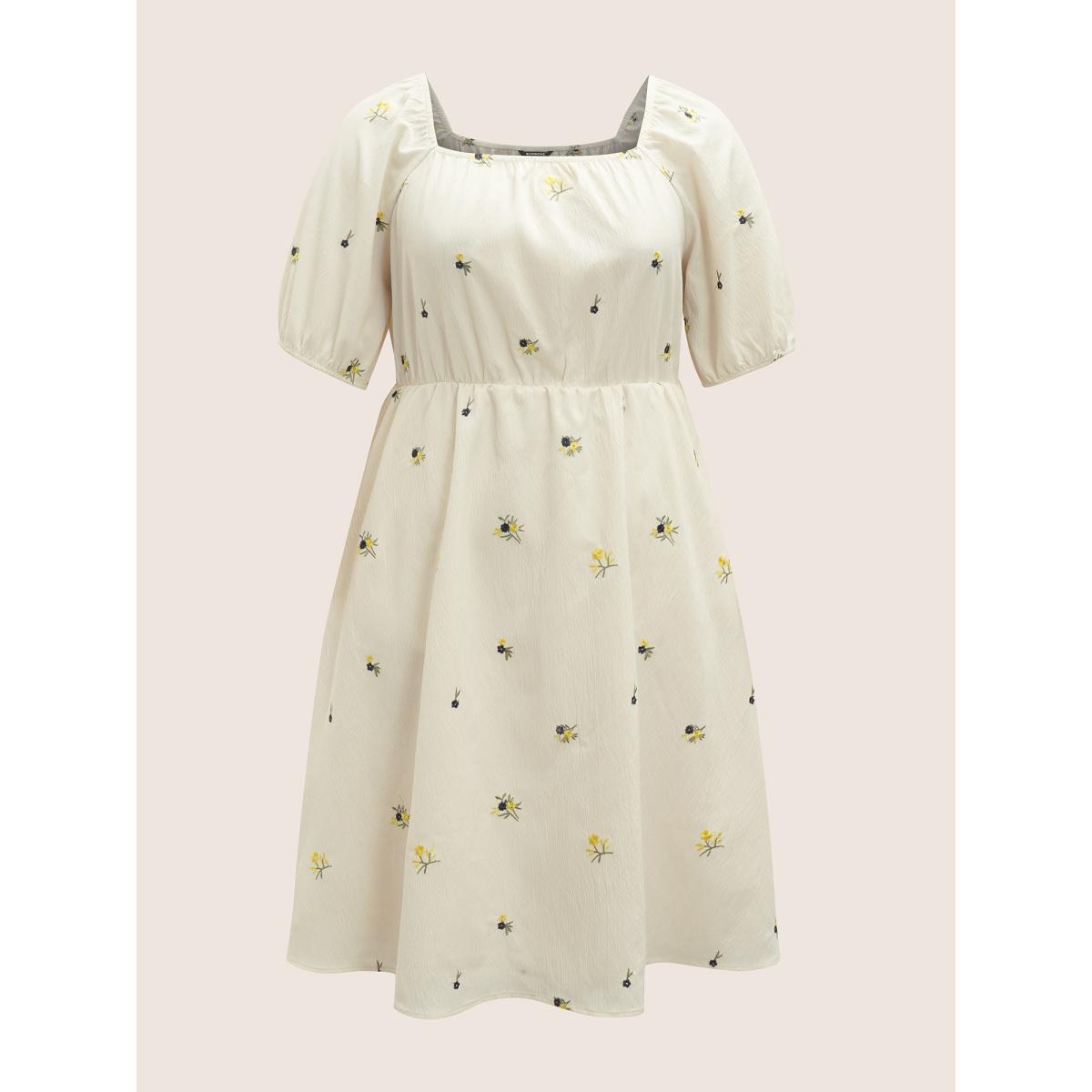 Plus Size Ditsy Floral Embroidered Square Neck Elastic Cuffs Dress Apricot Women Elegant Non Square Neck Short sleeve Curvy Midi Dress BloomChic 12/L Product Image