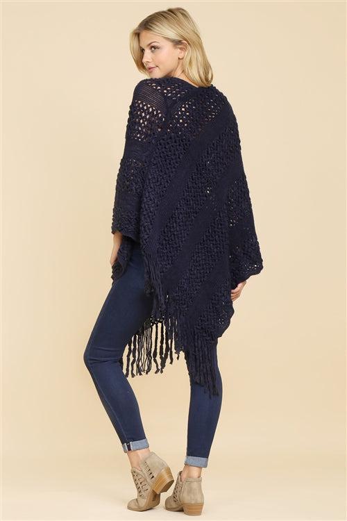 Chic Comfort Navy Fringe Poncho Product Image