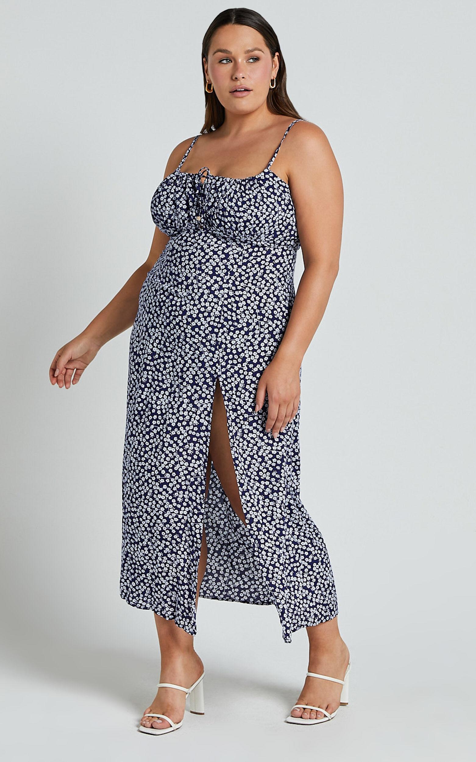 Willa Midi Dress - Ruched Bust Thigh Split Dress in Blue Floral Product Image