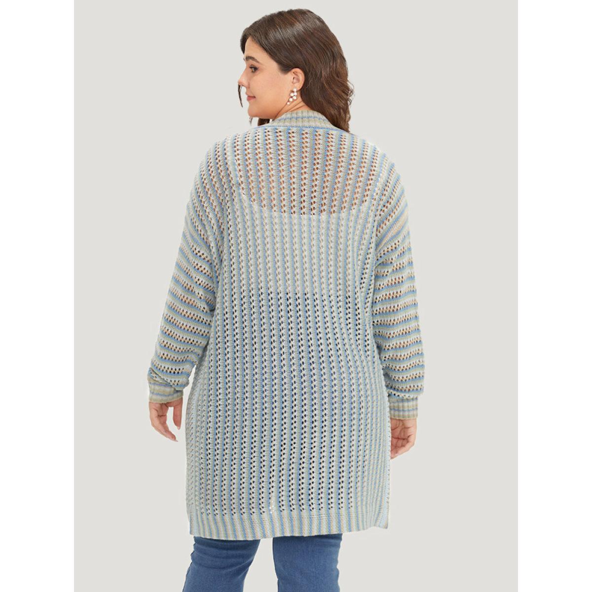 Plus Size Contrast Geo Eyelet Drop Shoulder Cardigan Multicolor Women Casual Loose Long Sleeve Dailywear Cardigans BloomChic 28/5X Product Image