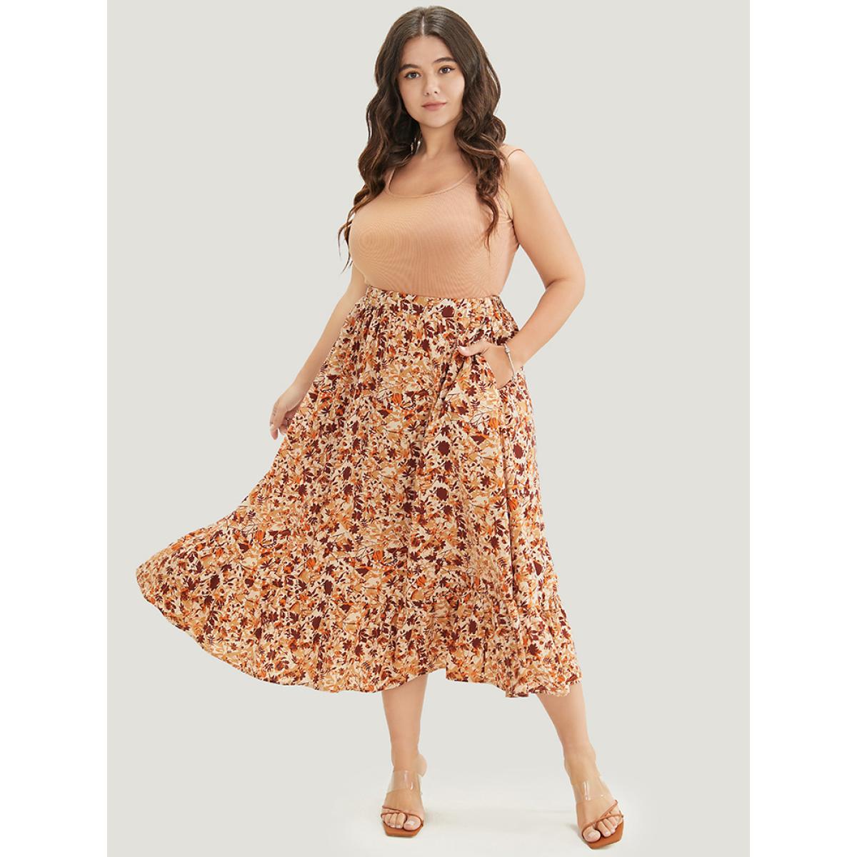 Plus Size Plant Print Pocket Elastic Waist Ruffle Hem Skirt Women Rust Elegant No stretch Pocket Dailywear Skirts BloomChic 22-24/3X Product Image