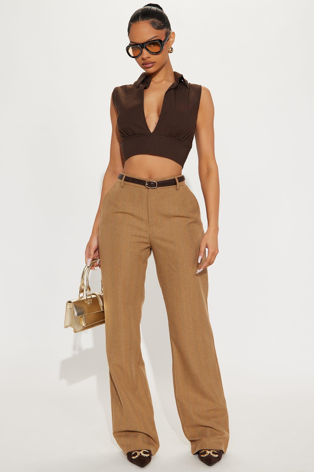 Faith Belted Pinstripe Trouser Pant - Mocha Product Image
