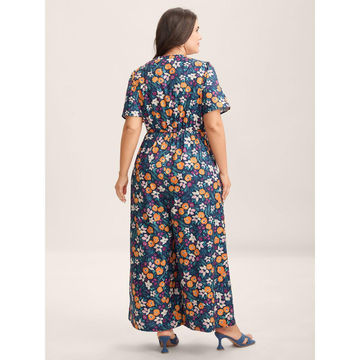Plus Size DarkBlue Abstract Floral Print Button Jumpsuit Women Short sleeve Notched collar Everyday-Elegant Loose Jumpsuits BloomChic 14-16/1X Product Image