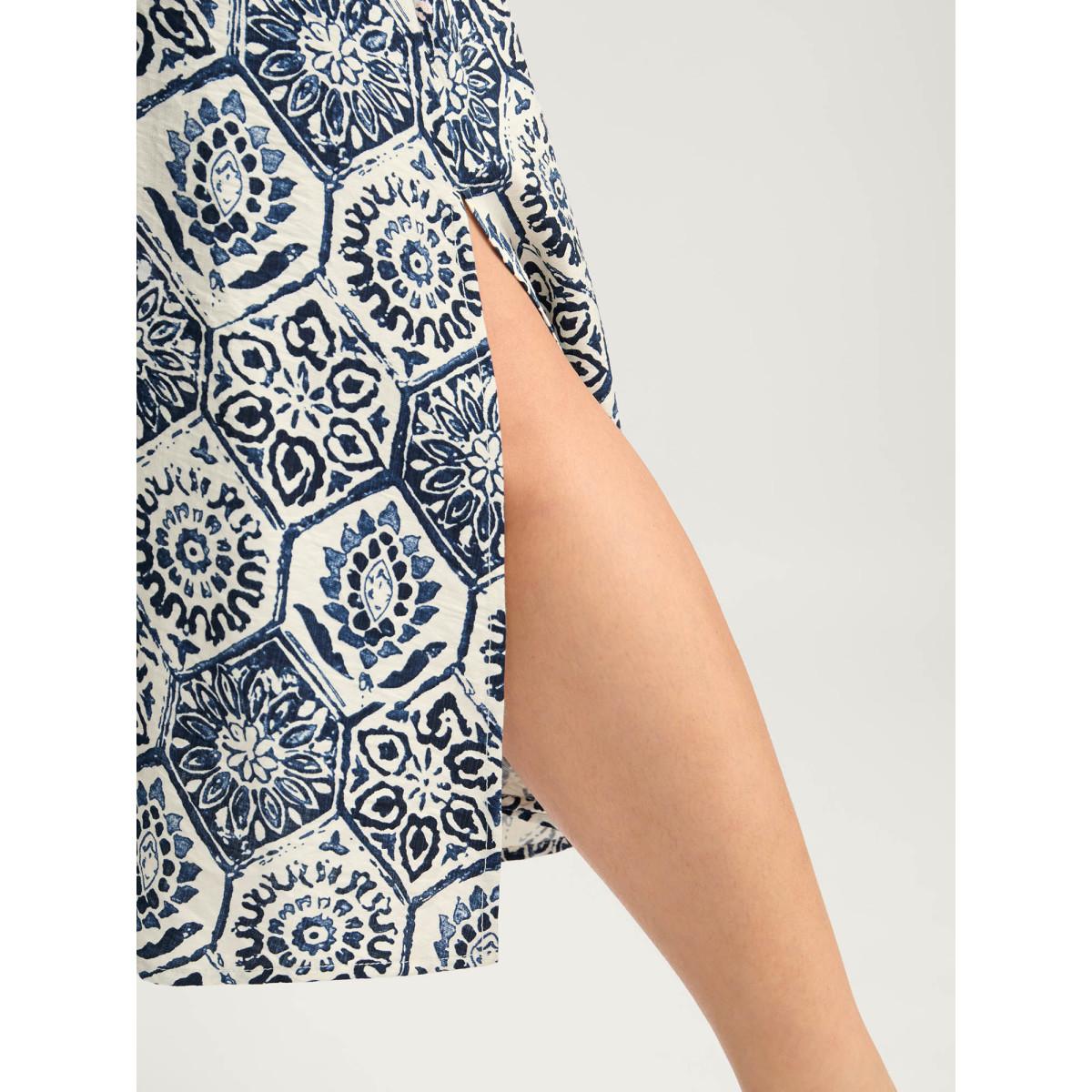 Plus Size Boho Geometric Print Split Midi Dress DarkBlue Women Boho V-neck Short sleeve Curvy BloomChic 18-20/2X Product Image