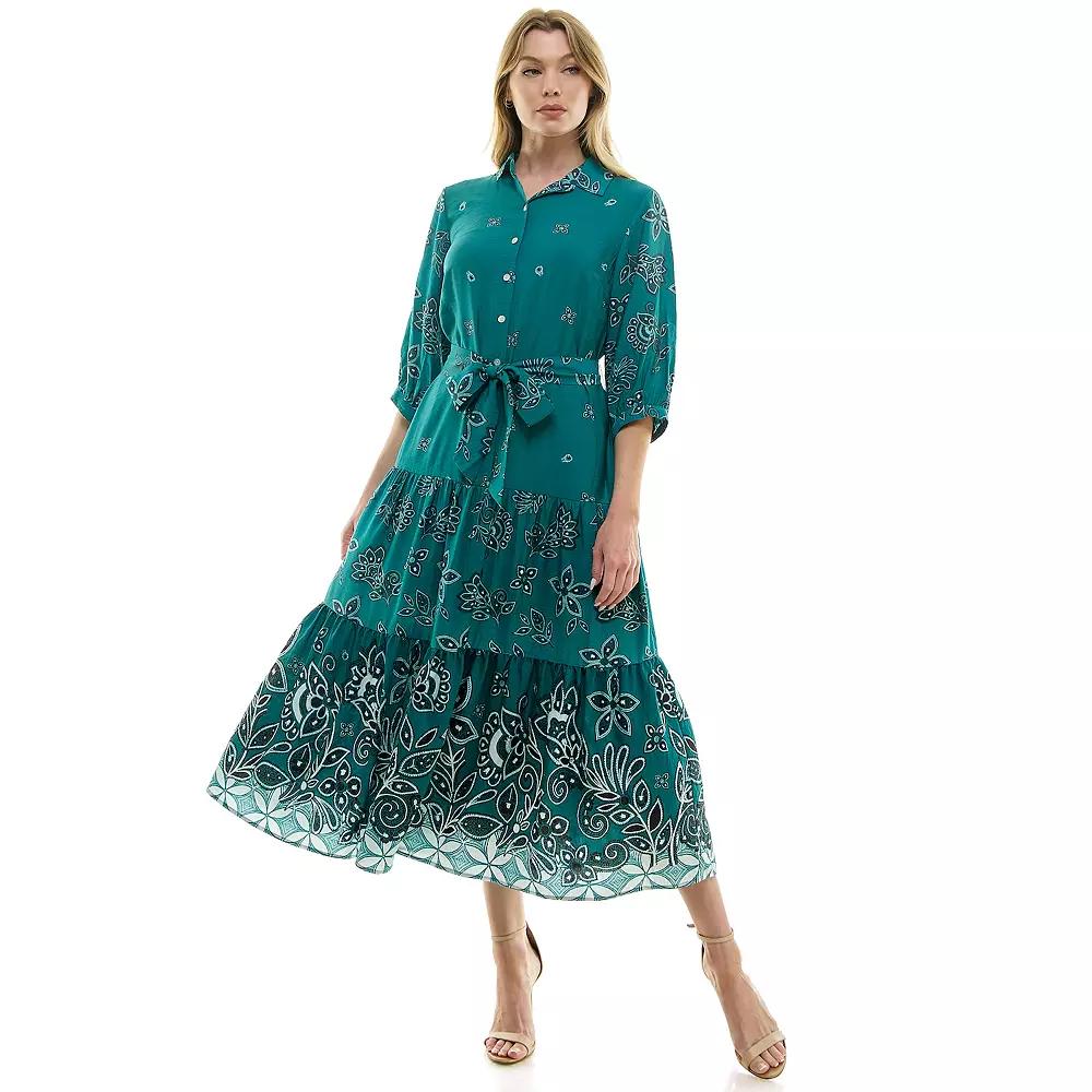 Women's Figueroa & Flower Button Front Belted Maxi Dress, Size: Medium, Teal Ivory Product Image