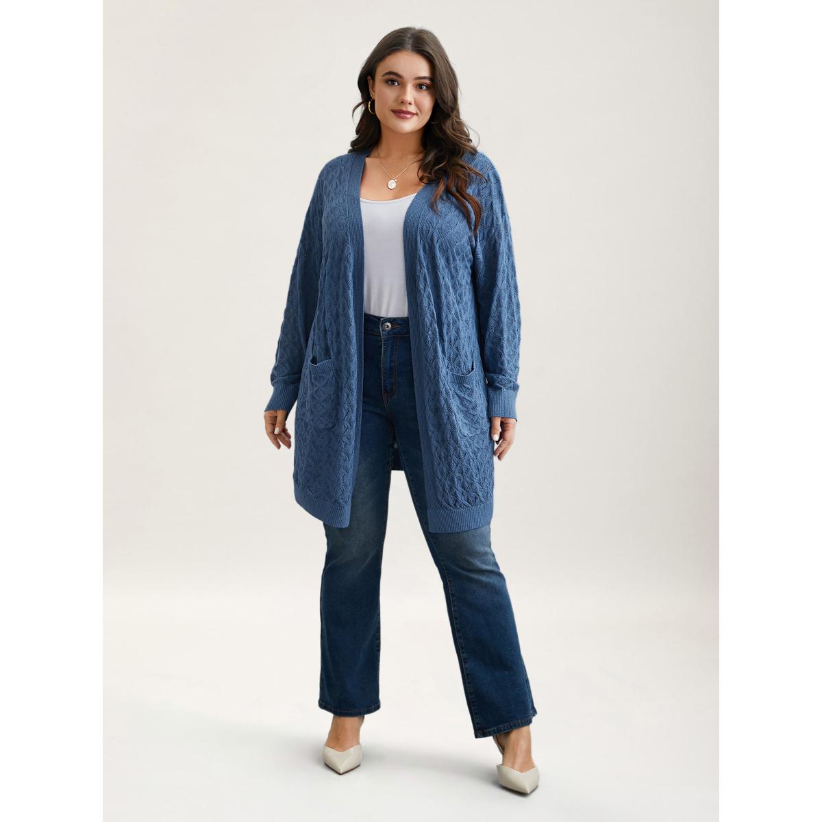 Plus Size Textured Cut-Out Plain Open Front Cardigan Stone Women Casual Loose Long Sleeve Everyday Cardigans BloomChic 18-20/2X Product Image