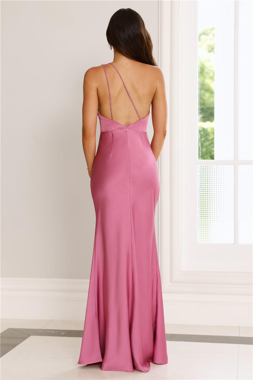 Flowered Opulence One Shoulder Satin Maxi Dress Mauve Product Image