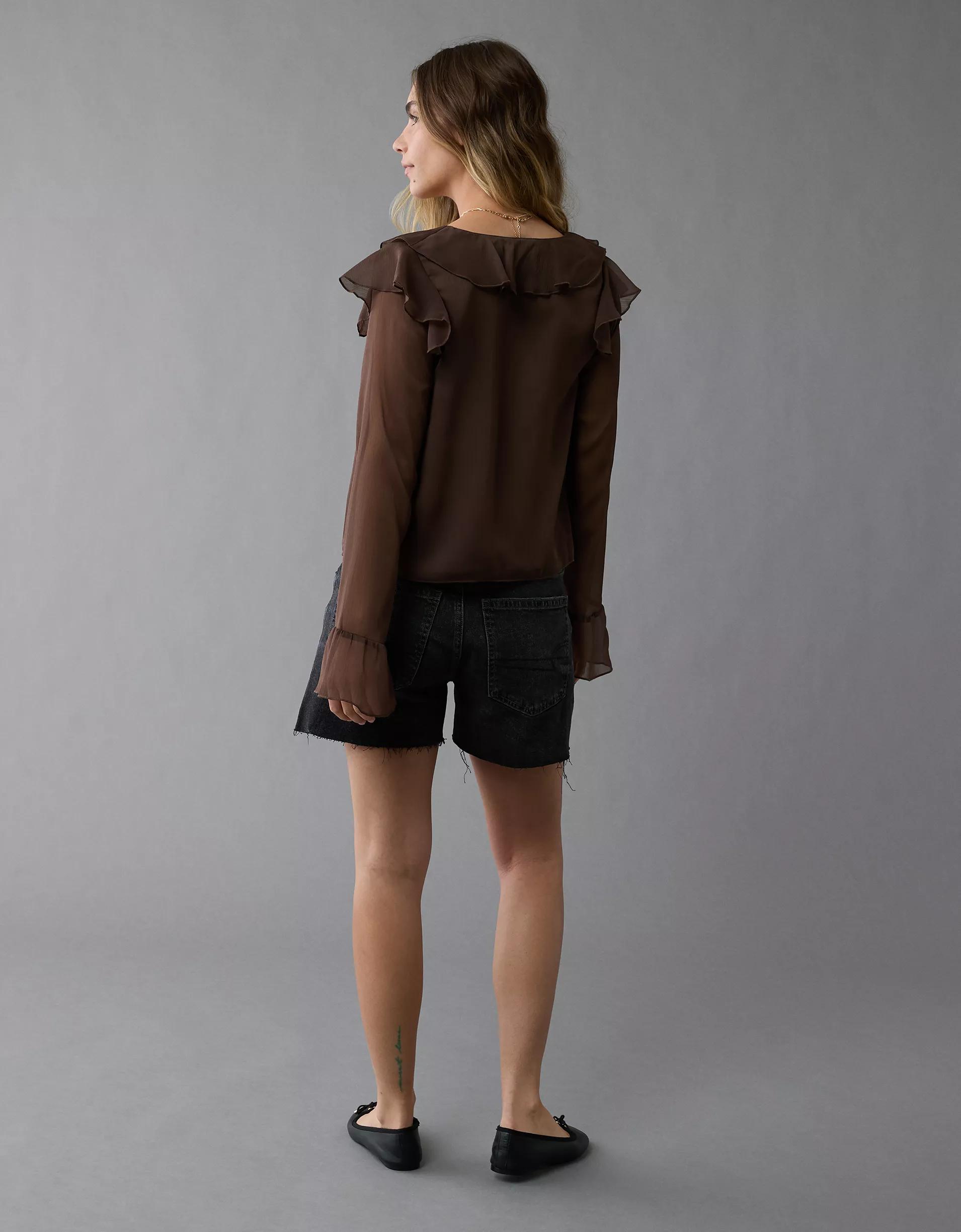 AE Chiffon Bell Sleeve Ruffle Blouse Product Image