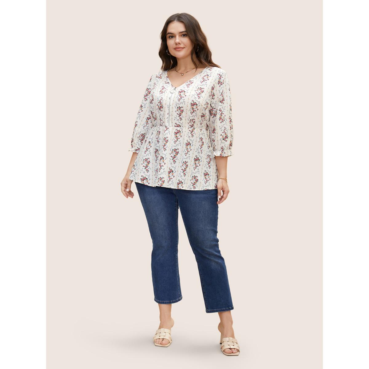 Plus Size Originalwhite Boho Print O Ring Zipper Lantern Sleeve Blouse Women Elegant Elbow-length sleeve V-neck Everyday Blouses BloomChic 14-16/1X Product Image