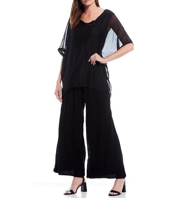 M Made in Italy V-Neck Sheer Sleeve Coordinating Sharkbite Hem Silky Woven Top Product Image