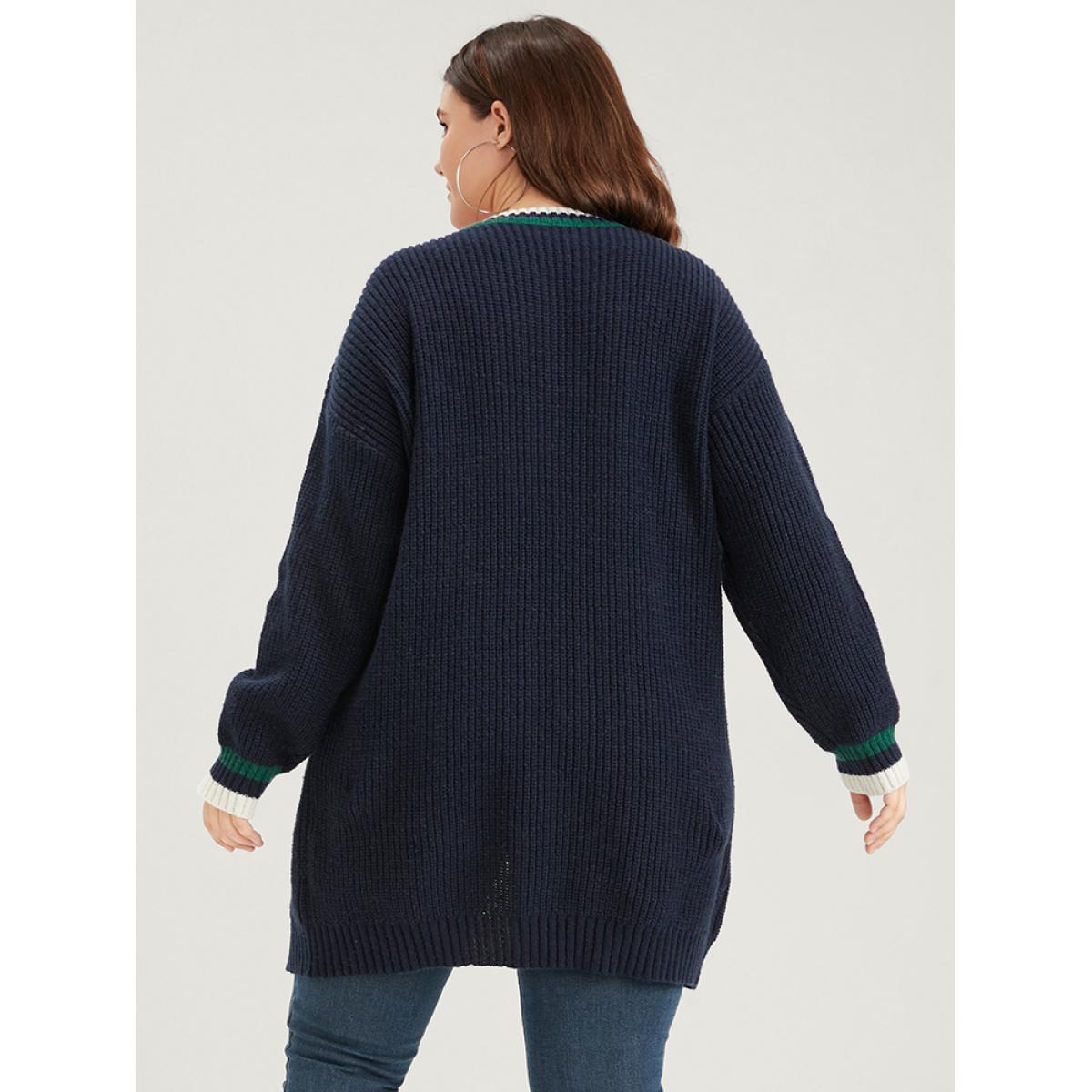 Plus Size Contrast Trim Pointelle Knit Button Front Pocket Jacquard Cardigan DarkBlue Women Casual Loose Long Sleeve Dailywear Cardigans BloomChic 14-16/1X Product Image