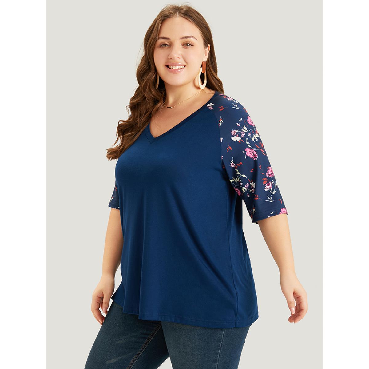 Plus Size Floral Patchwork Raglan Sleeve T-shirt Blue Women Elegant Patchwork Floral V-neck Work T-shirts BloomChic 12/L Product Image