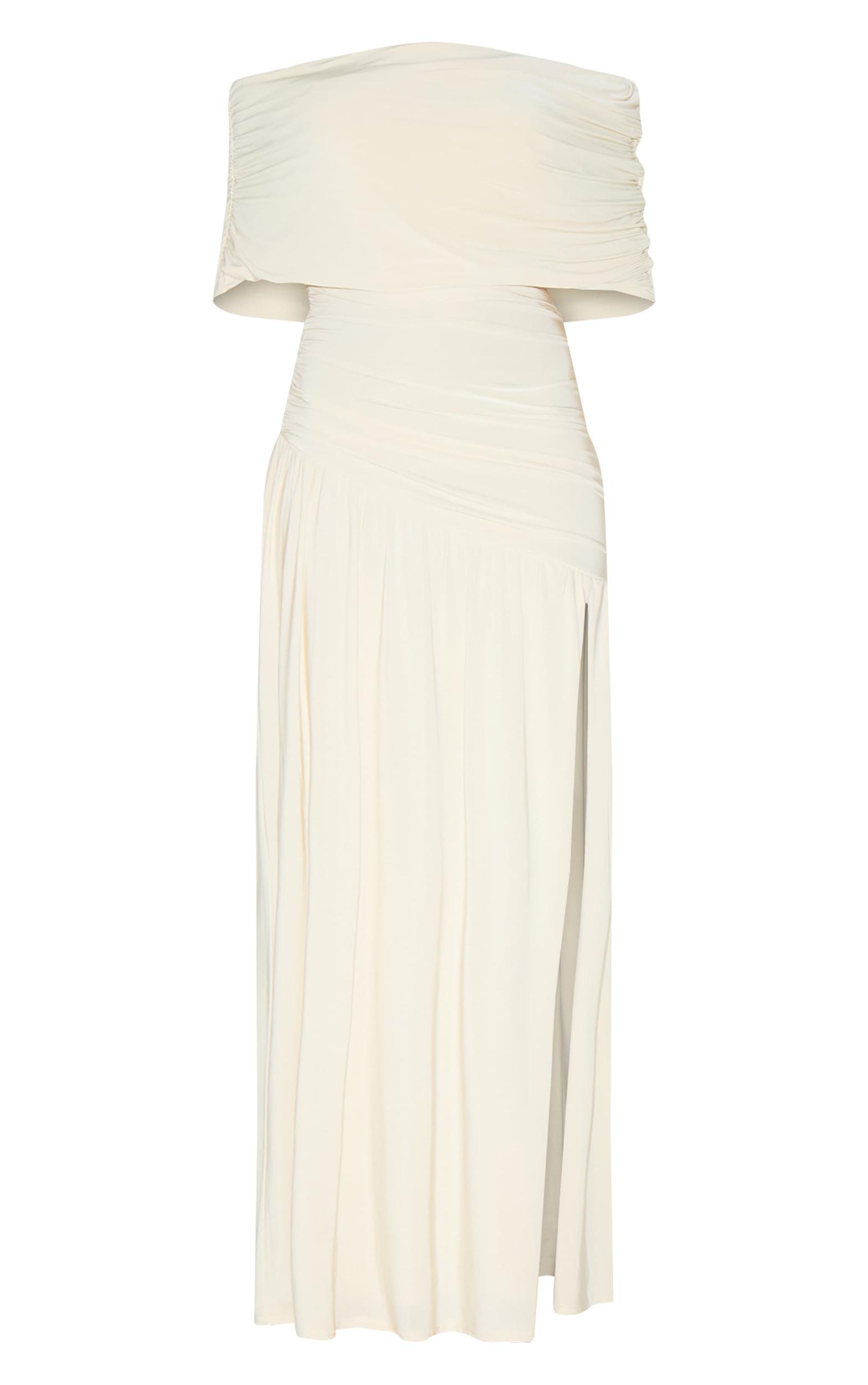 Petite White Double Layer Slinky Bardot One Shoulder Ruched Maxi Dress Product Image