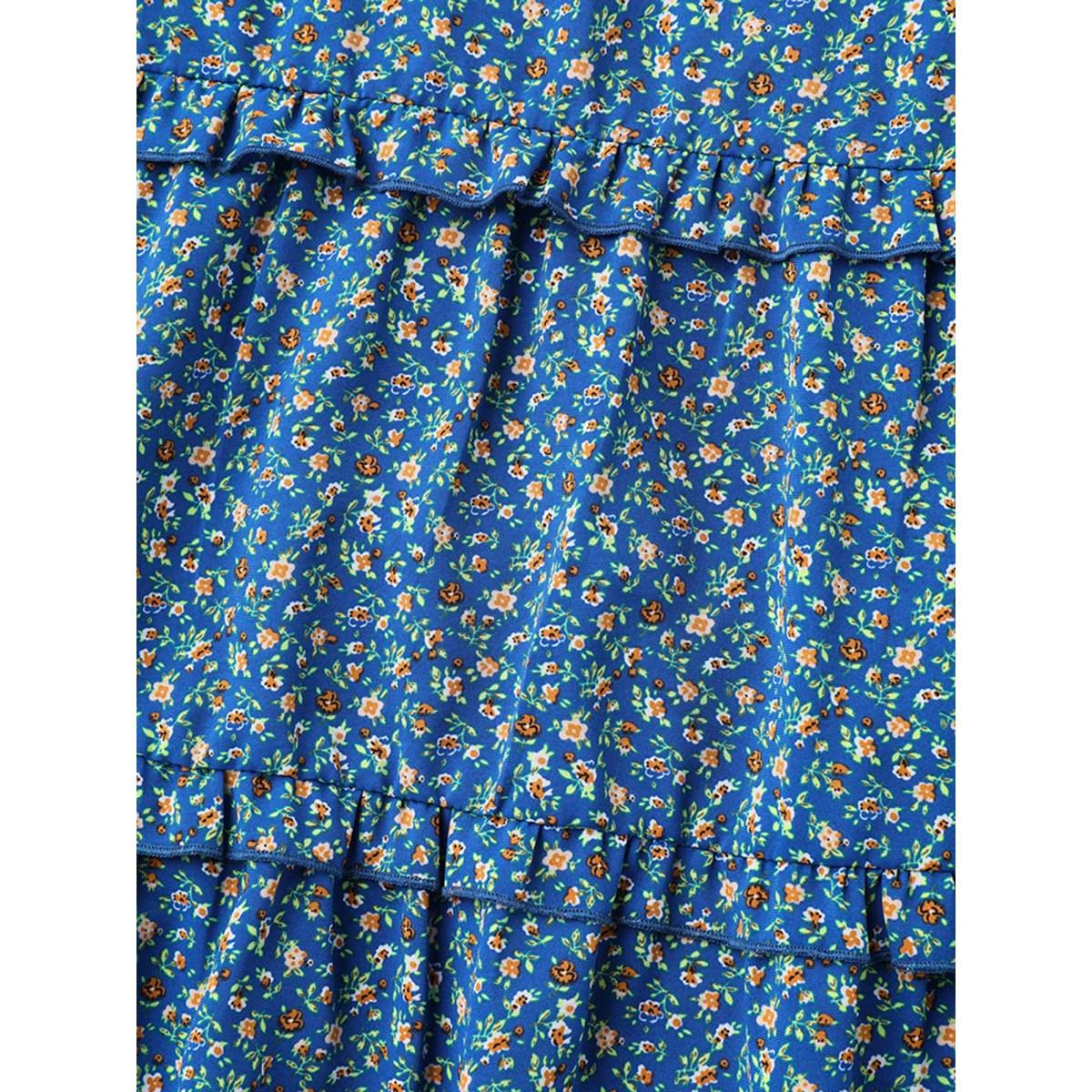 Plus Size Mediumblue Ditsy Floral Print Ruffled Tiered Blouse Women Timeless Short sleeve Round Neck Elegant Blouses BloomChic 14-16/1X Product Image