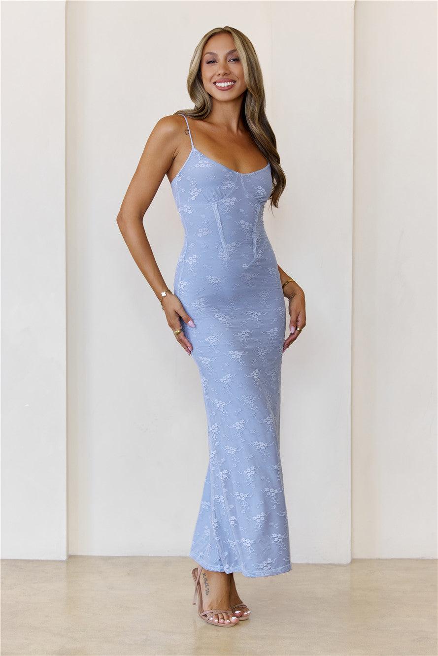 Sheer Radiance Lace Maxi Dress Blue Product Image