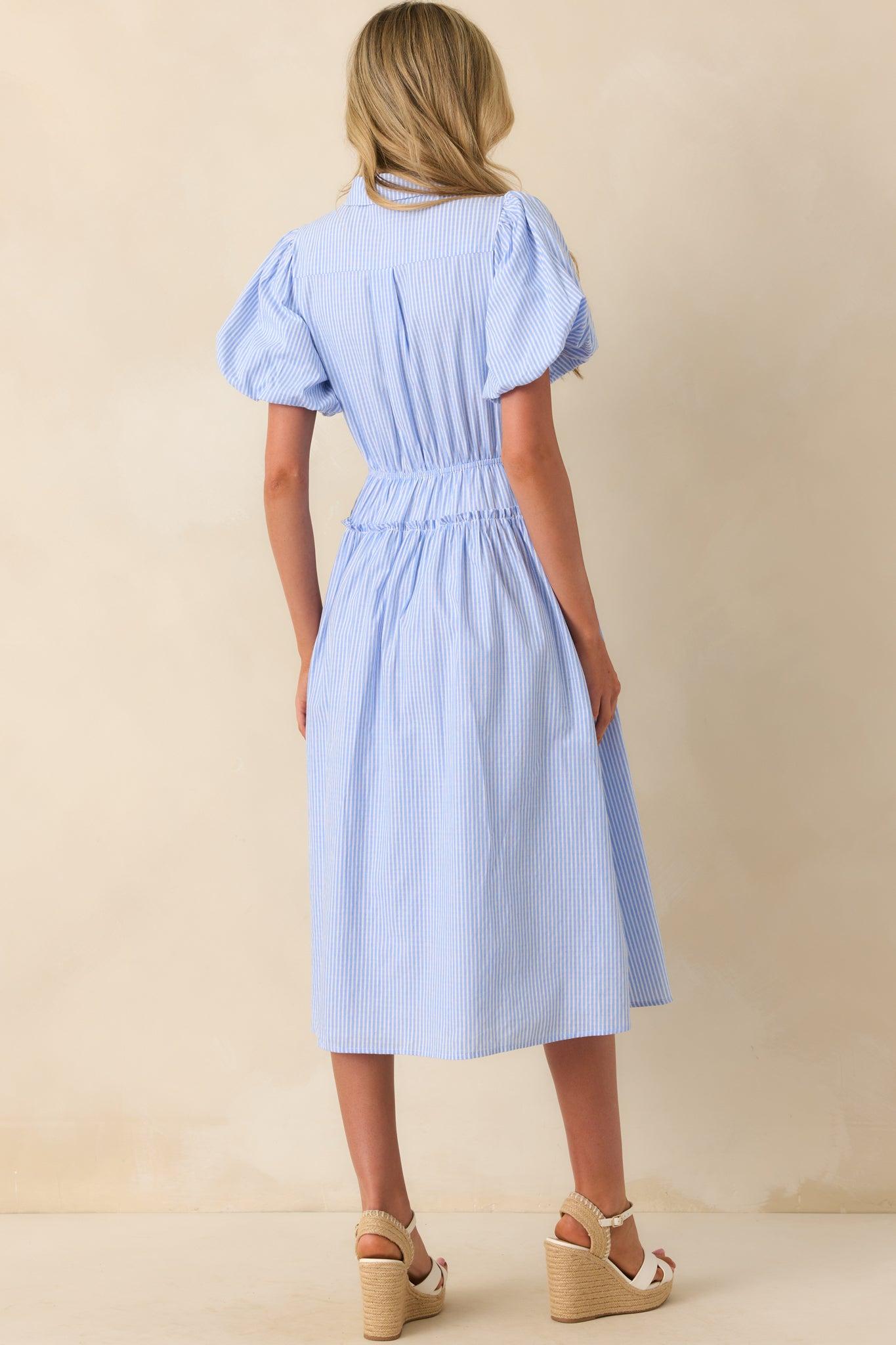 A Twist On Timeless Blue Stripe Rayon Maxi Shirt Dress Product Image